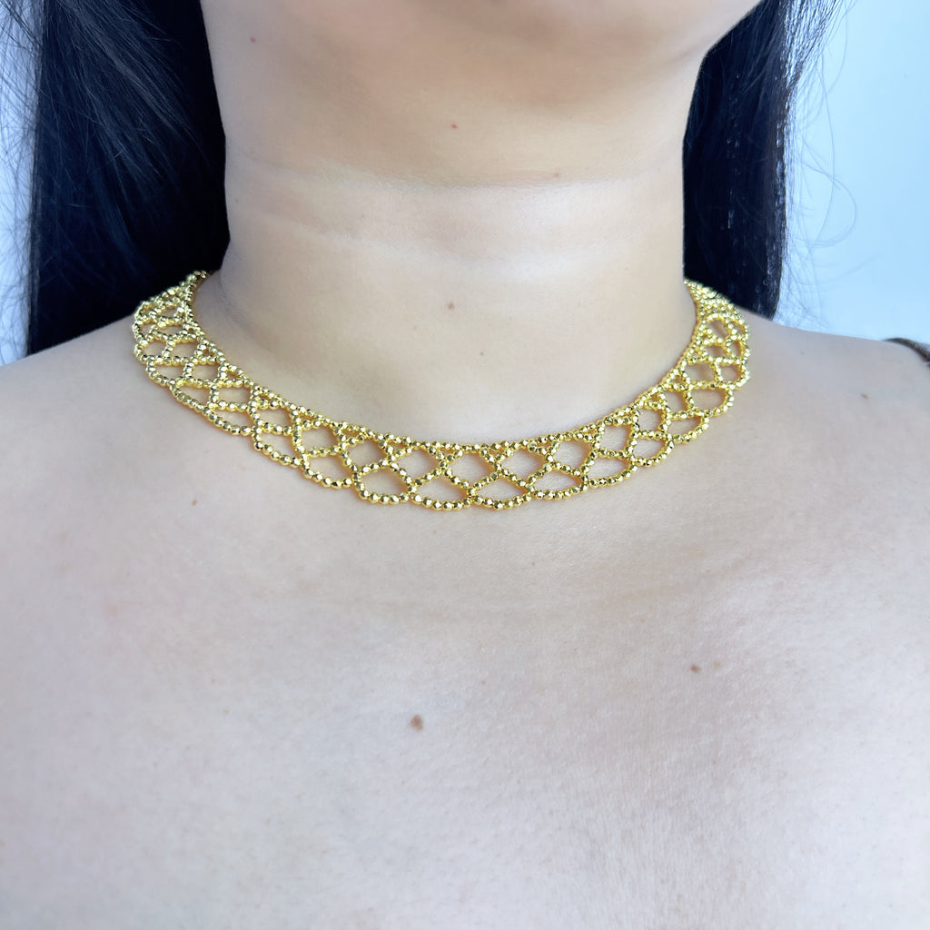 Handmade Gold Seed Bead Lattice Lace Choker Necklace | Wide Diamond Net Collar Elegant Statement
