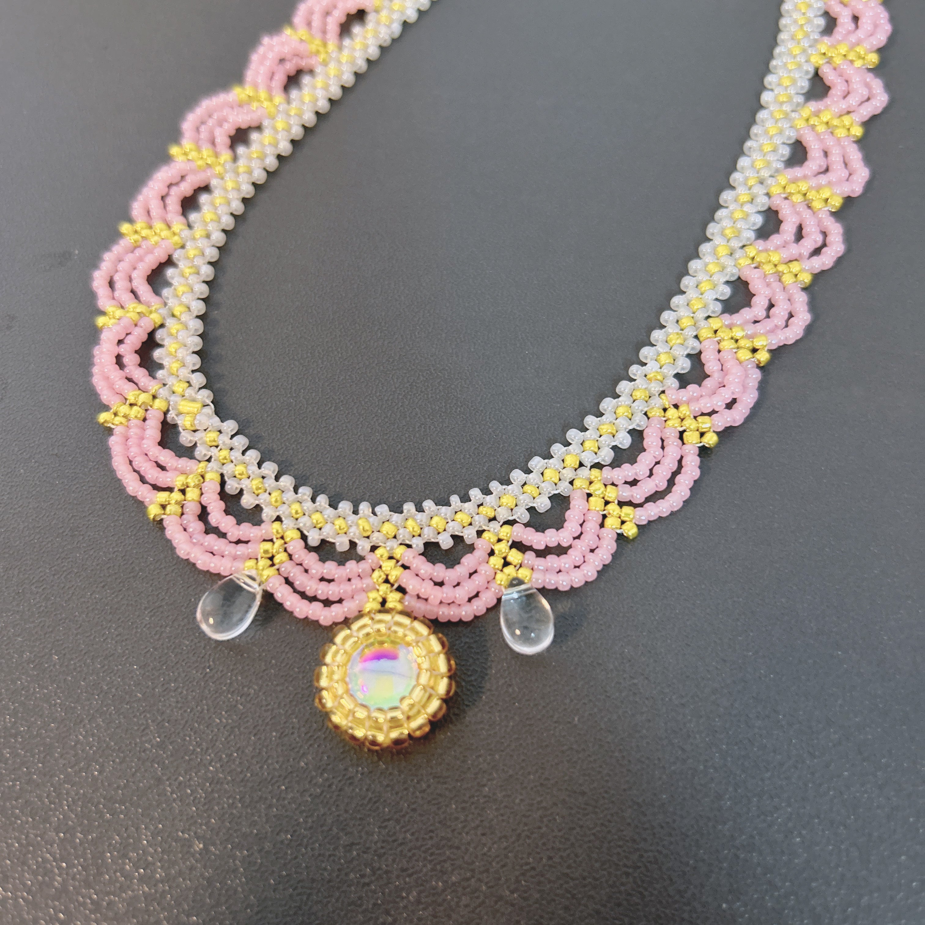 Handmade Lace Beaded Choker Necklace with Pearl Pendant | Lavender & Pink Princess Bridal Fairycore