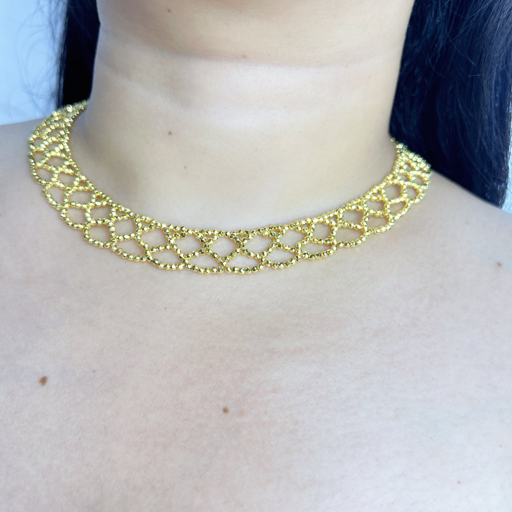 Handmade Gold Seed Bead Lattice Lace Choker Necklace | Wide Diamond Net Collar Elegant Statement