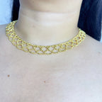 Handmade Gold Seed Bead Lattice Lace Choker Necklace | Wide Diamond Net Collar Elegant Statement