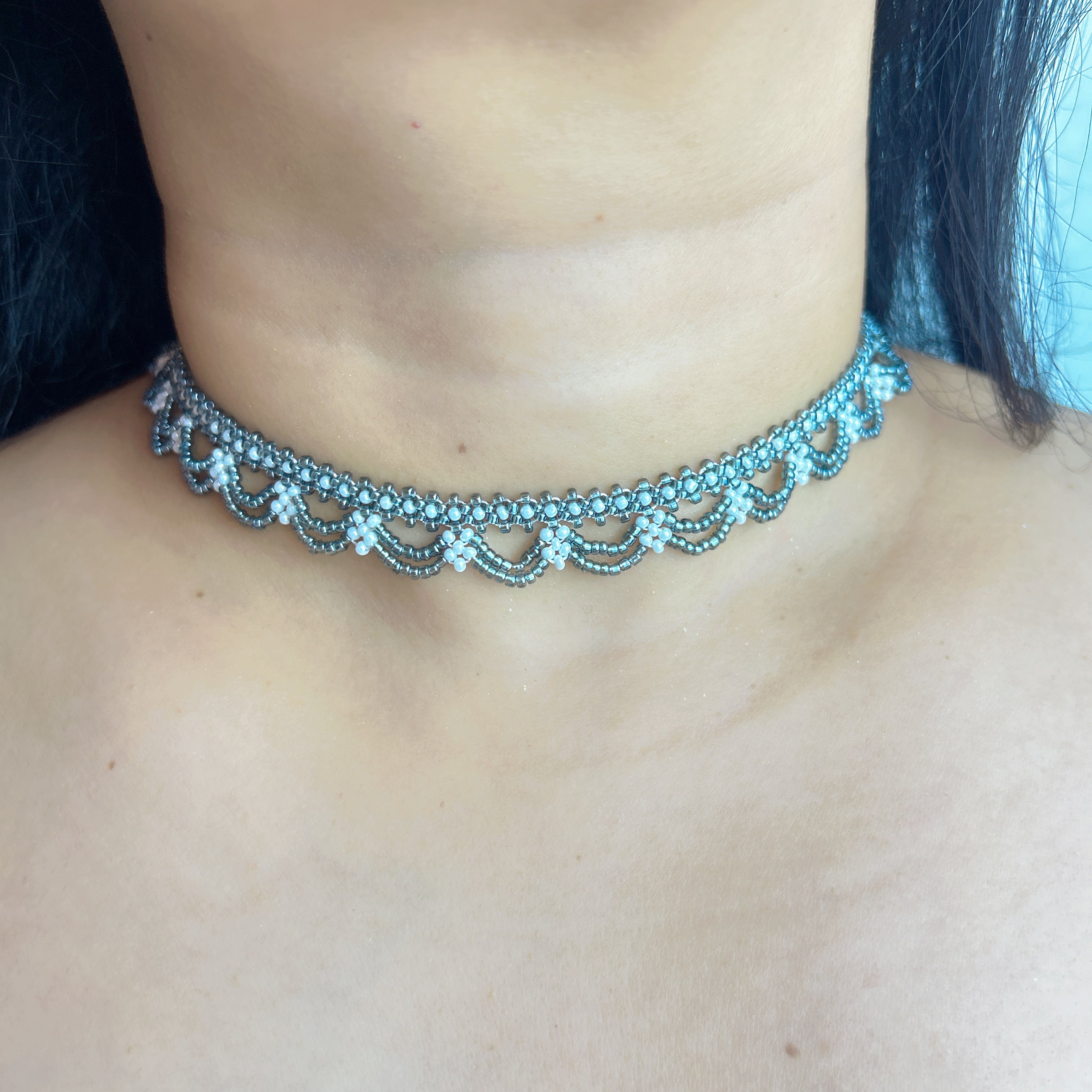 Handmade Silver & White Scallop Lace Beaded Choker Necklace | Wide Double Layer Bridal Collar