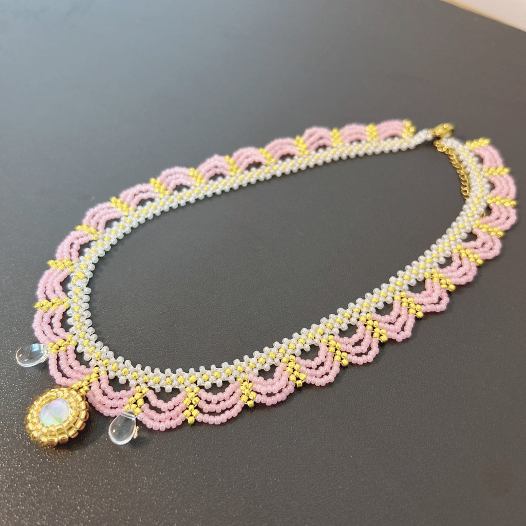 Handmade Lace Beaded Choker Necklace with Pearl Pendant | Lavender & Pink Princess Bridal Fairycore