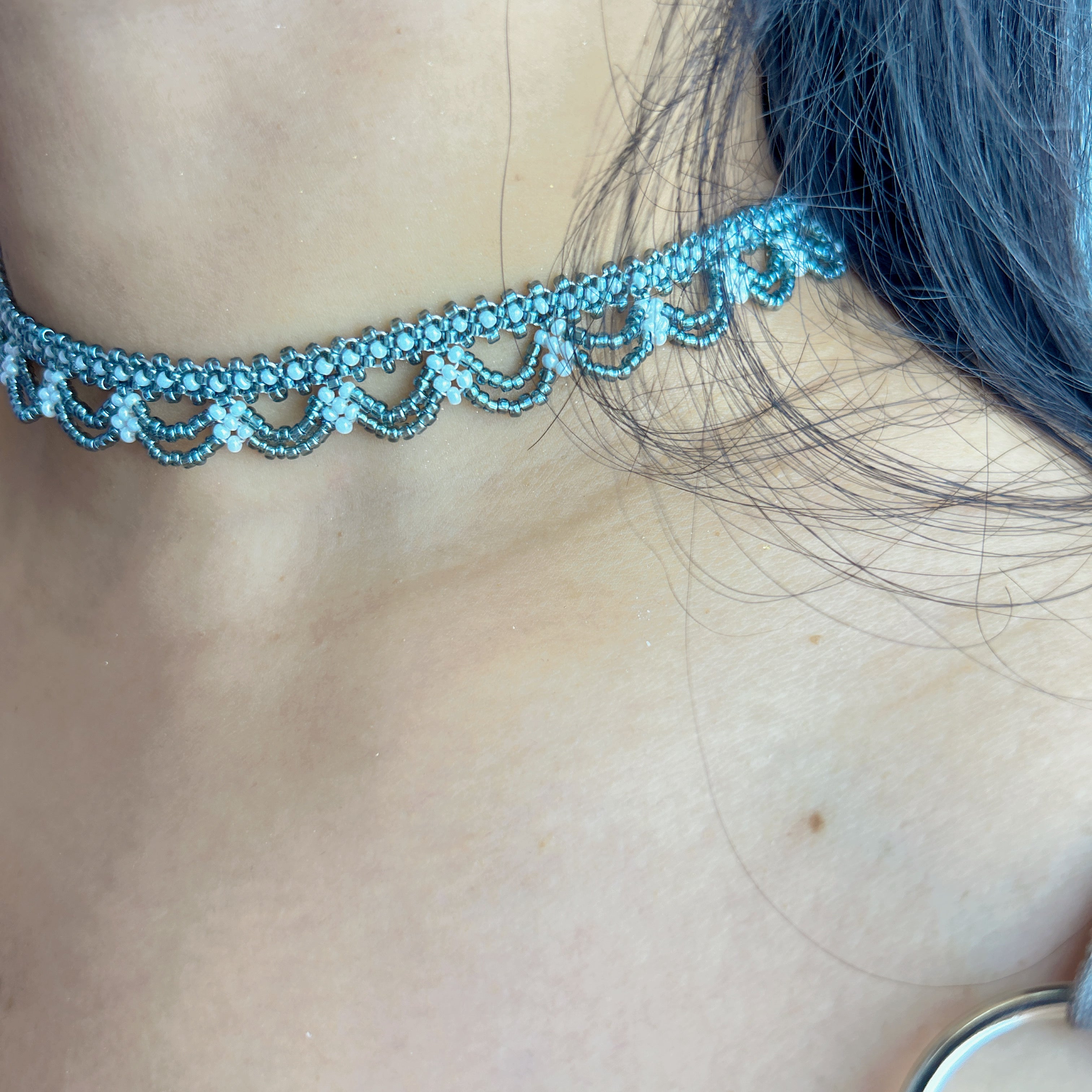 Handmade Silver & White Scallop Lace Beaded Choker Necklace | Wide Double Layer Bridal Collar