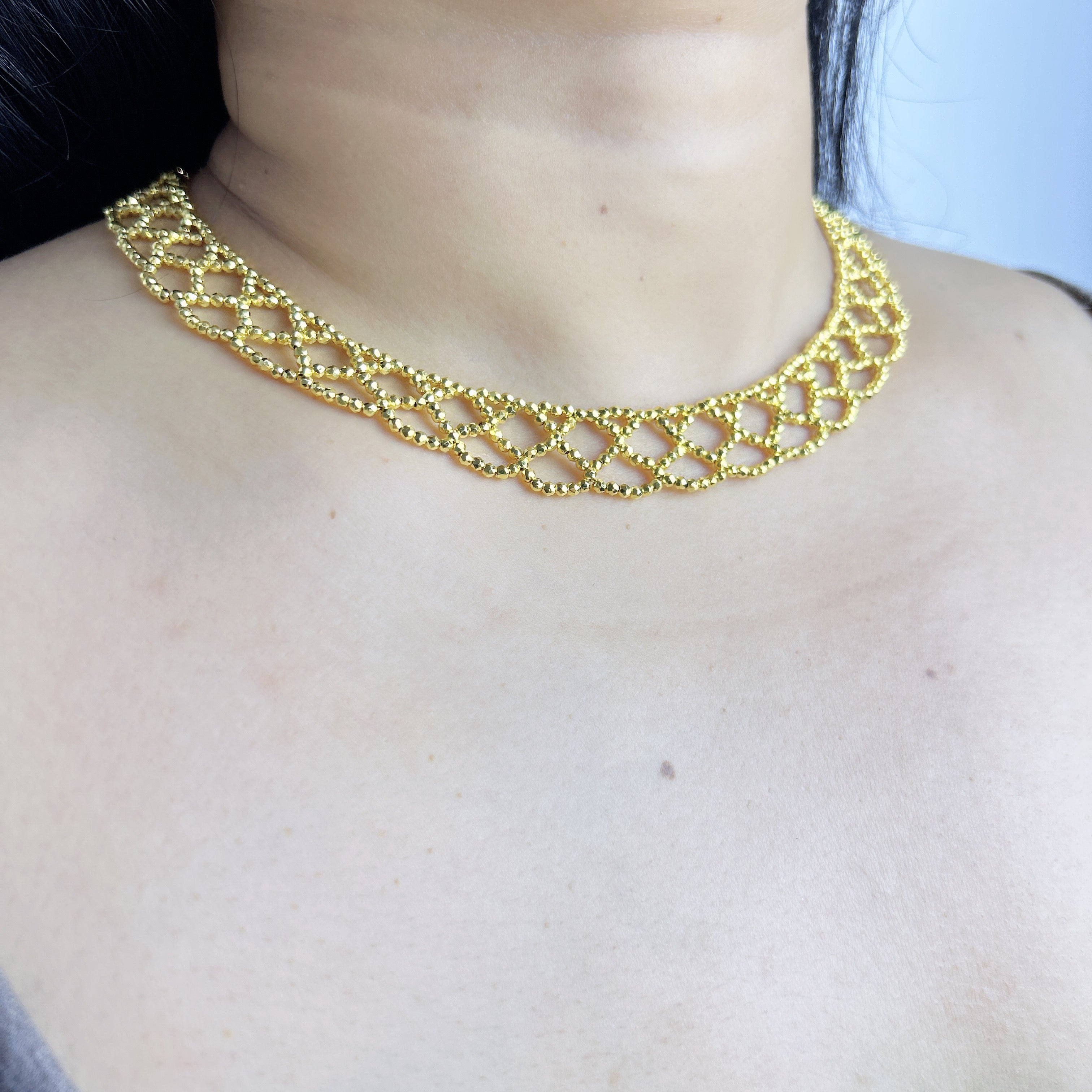 Handmade Gold Seed Bead Lattice Lace Choker Necklace | Wide Diamond Net Collar Elegant Statement