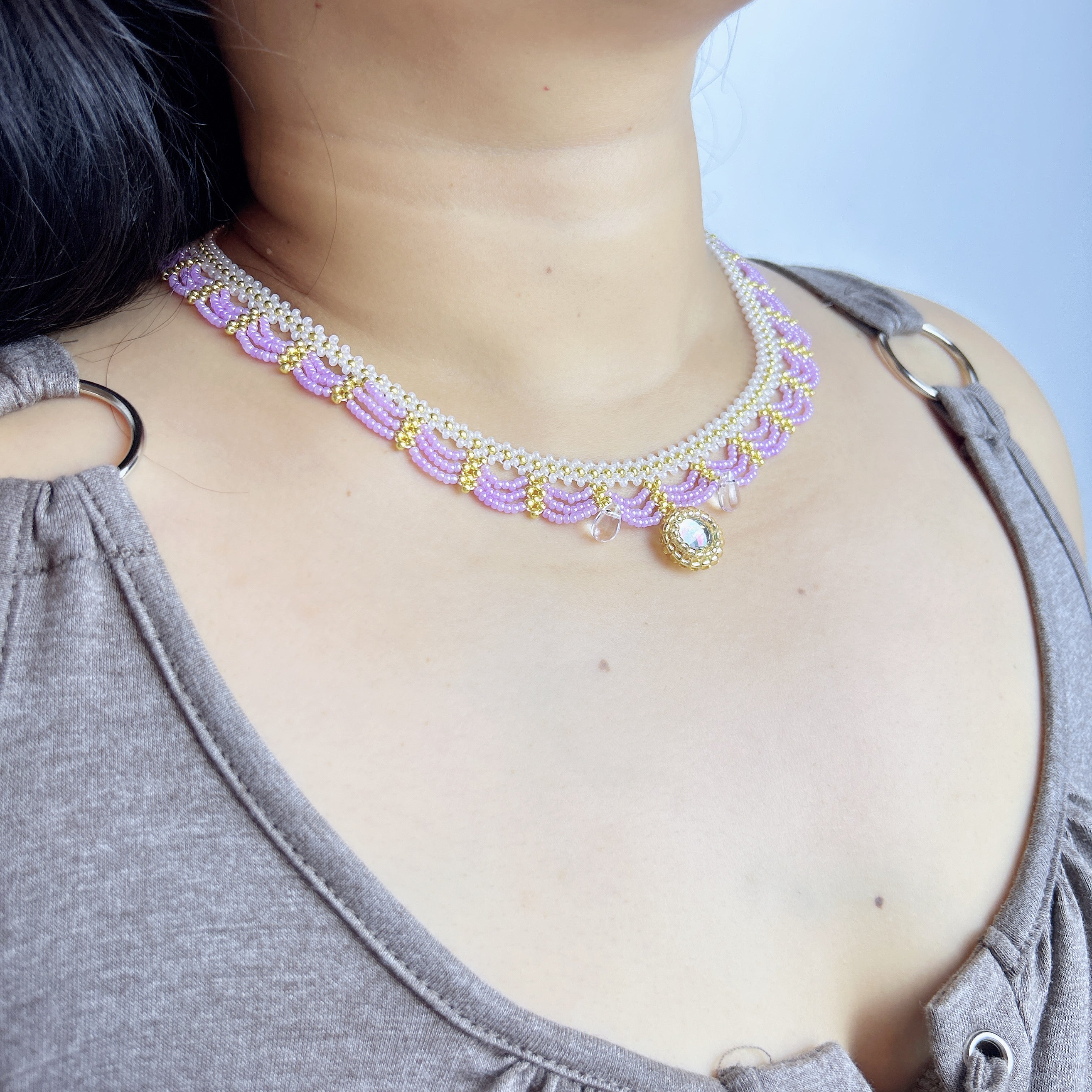 Handmade Lace Beaded Choker Necklace with Pearl Pendant | Lavender & Pink Princess Bridal Fairycore
