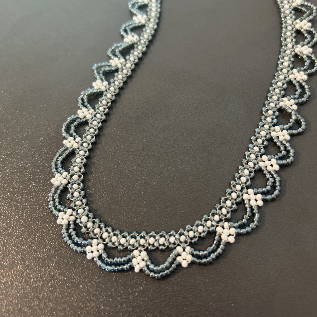 Handmade Silver & White Scallop Lace Beaded Choker Necklace | Wide Double Layer Bridal Collar