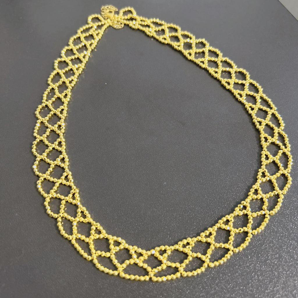 Handmade Gold Seed Bead Lattice Lace Choker Necklace | Wide Diamond Net Collar Elegant Statement