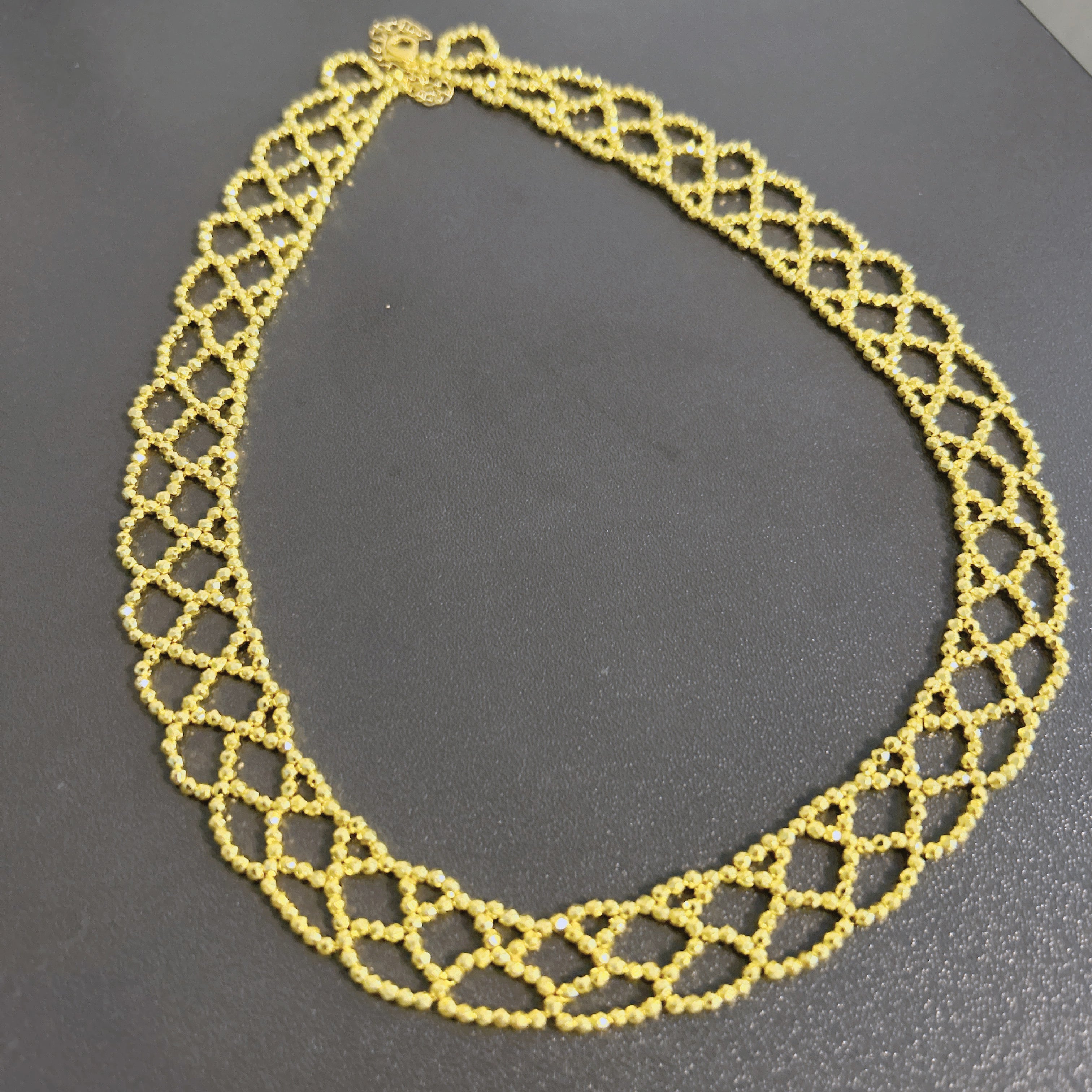Handmade Gold Seed Bead Lattice Lace Choker Necklace | Wide Diamond Net Collar Elegant Statement