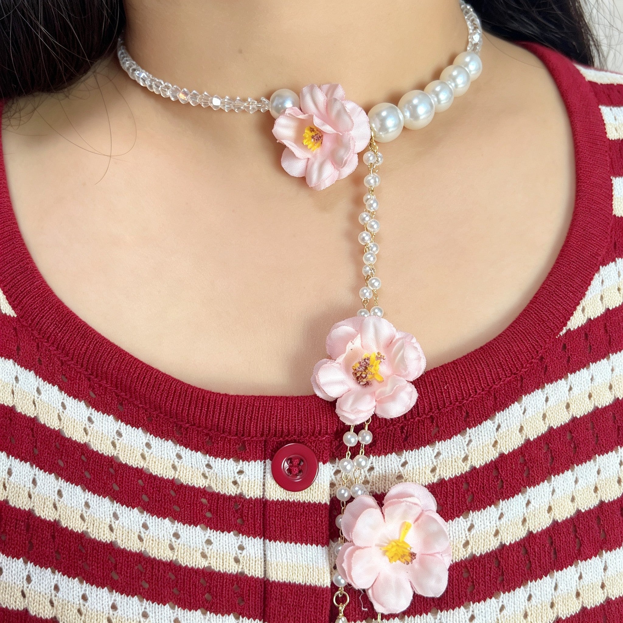 Handmade Pink Fabric Flower Lariat Necklace | Triple Camellia Pearl Crystal Chain Cottagecore