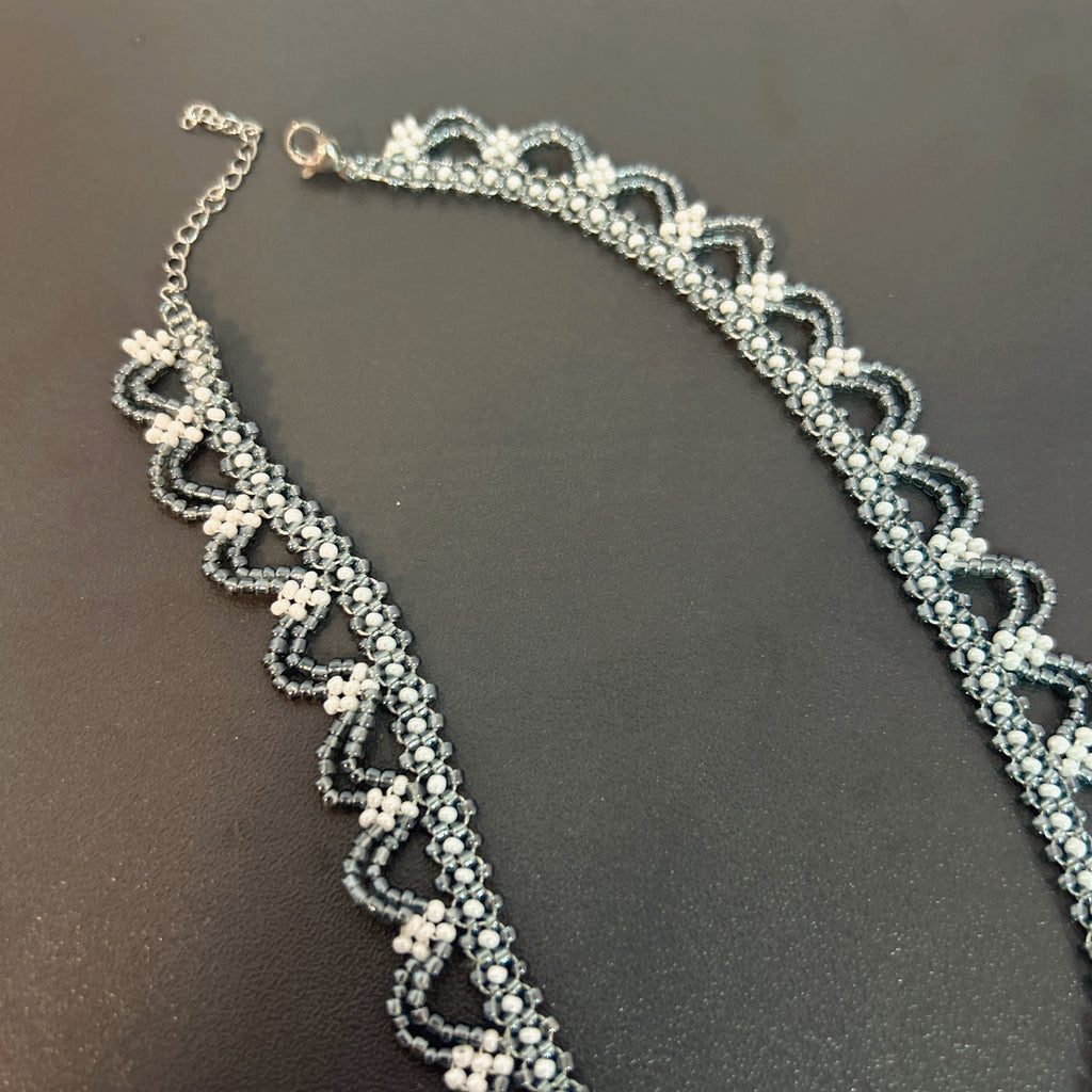 Handmade Silver & White Scallop Lace Beaded Choker Necklace | Wide Double Layer Bridal Collar