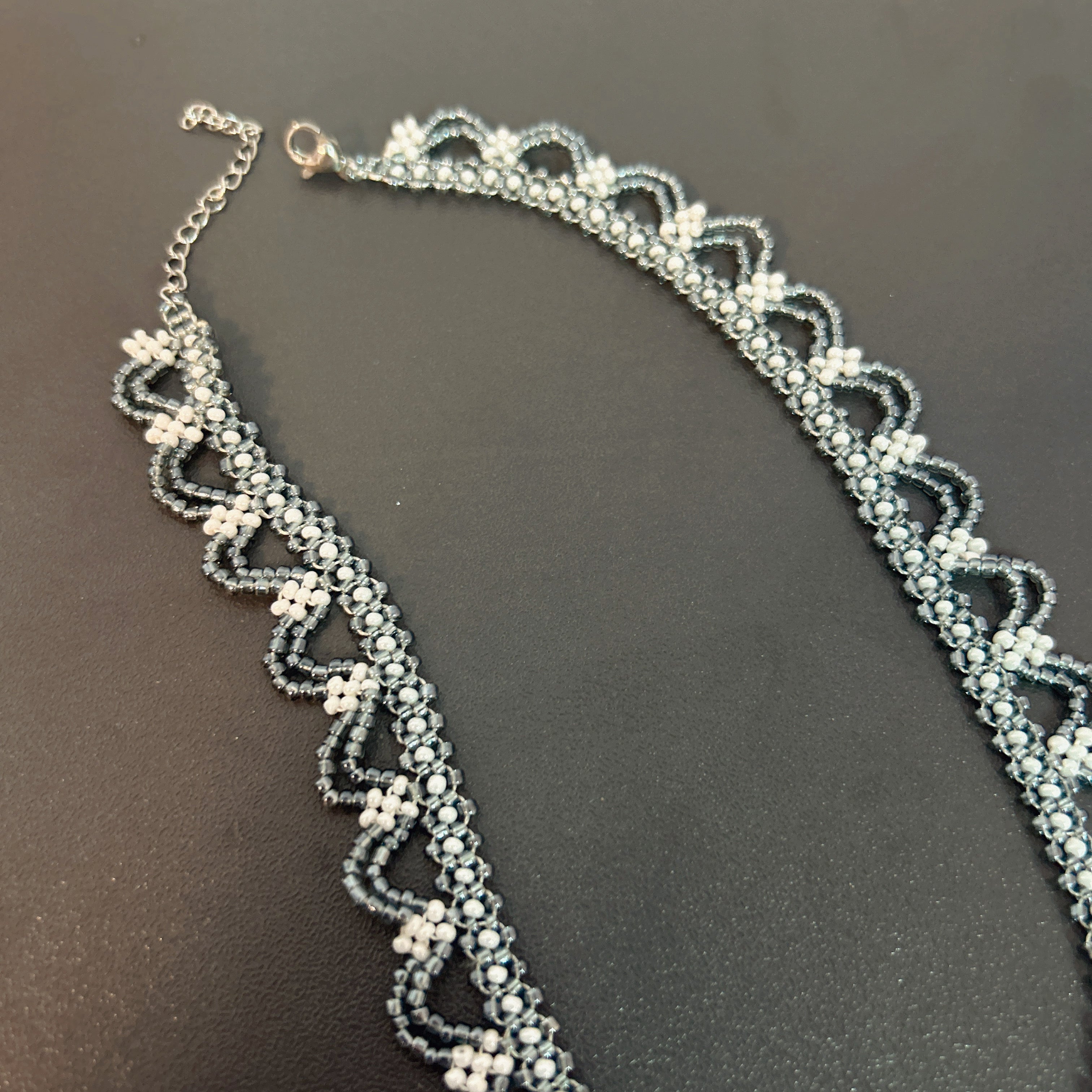 Handmade Silver & White Scallop Lace Beaded Choker Necklace | Wide Double Layer Bridal Collar