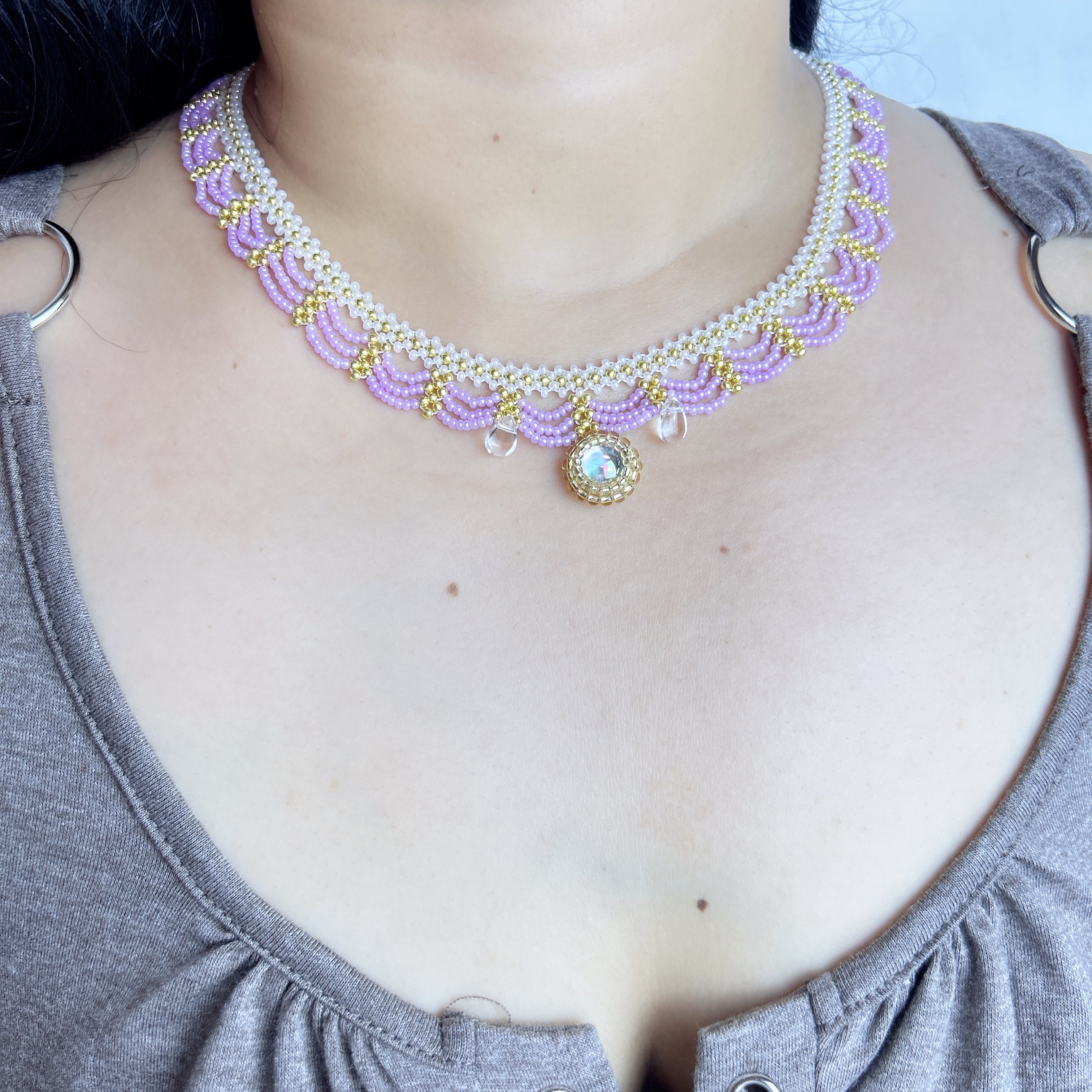 Handmade Lace Beaded Choker Necklace with Pearl Pendant | Lavender & Pink Princess Bridal Fairycore
