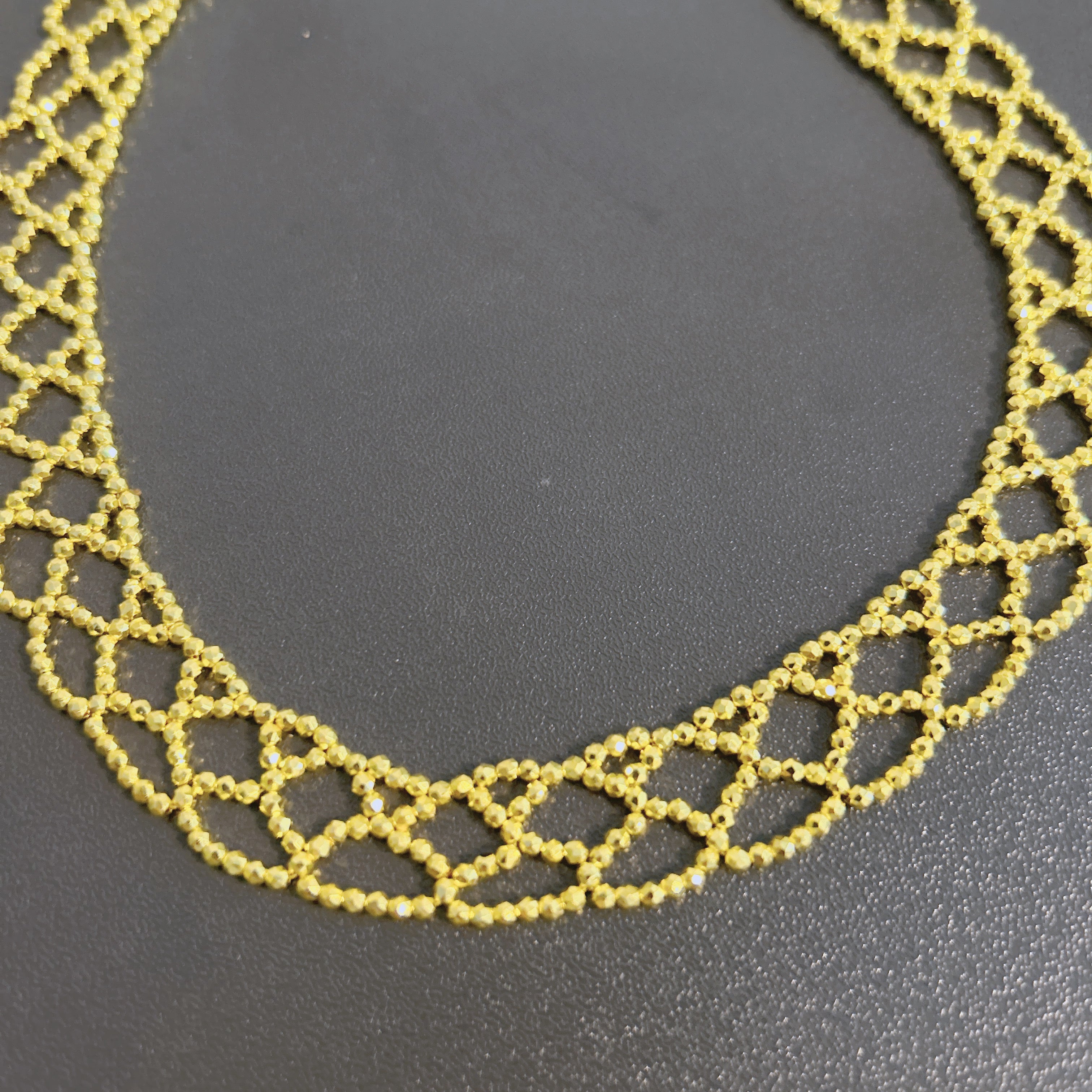 Handmade Gold Seed Bead Lattice Lace Choker Necklace | Wide Diamond Net Collar Elegant Statement