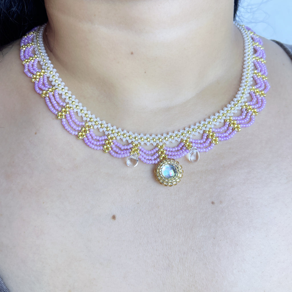 Handmade Lace Beaded Choker Necklace with Pearl Pendant | Lavender & Pink Princess Bridal Fairycore