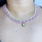 Handmade Lace Beaded Choker Necklace with Pearl Pendant | Lavender & Pink Princess Bridal Fairycore