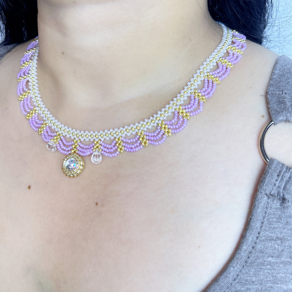 Handmade Lace Beaded Choker Necklace with Pearl Pendant | Lavender & Pink Princess Bridal Fairycore