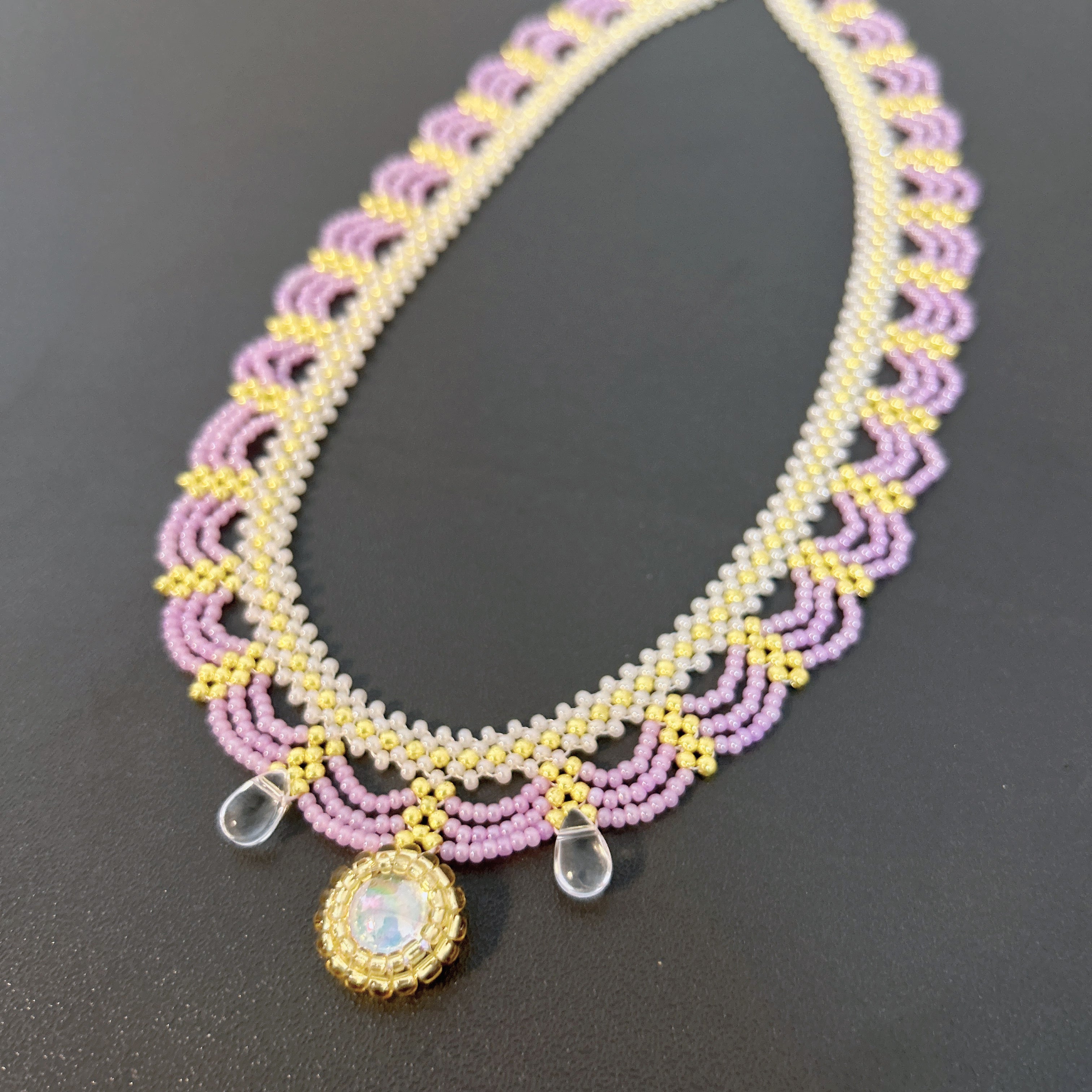 Handmade Lace Beaded Choker Necklace with Pearl Pendant | Lavender & Pink Princess Bridal Fairycore