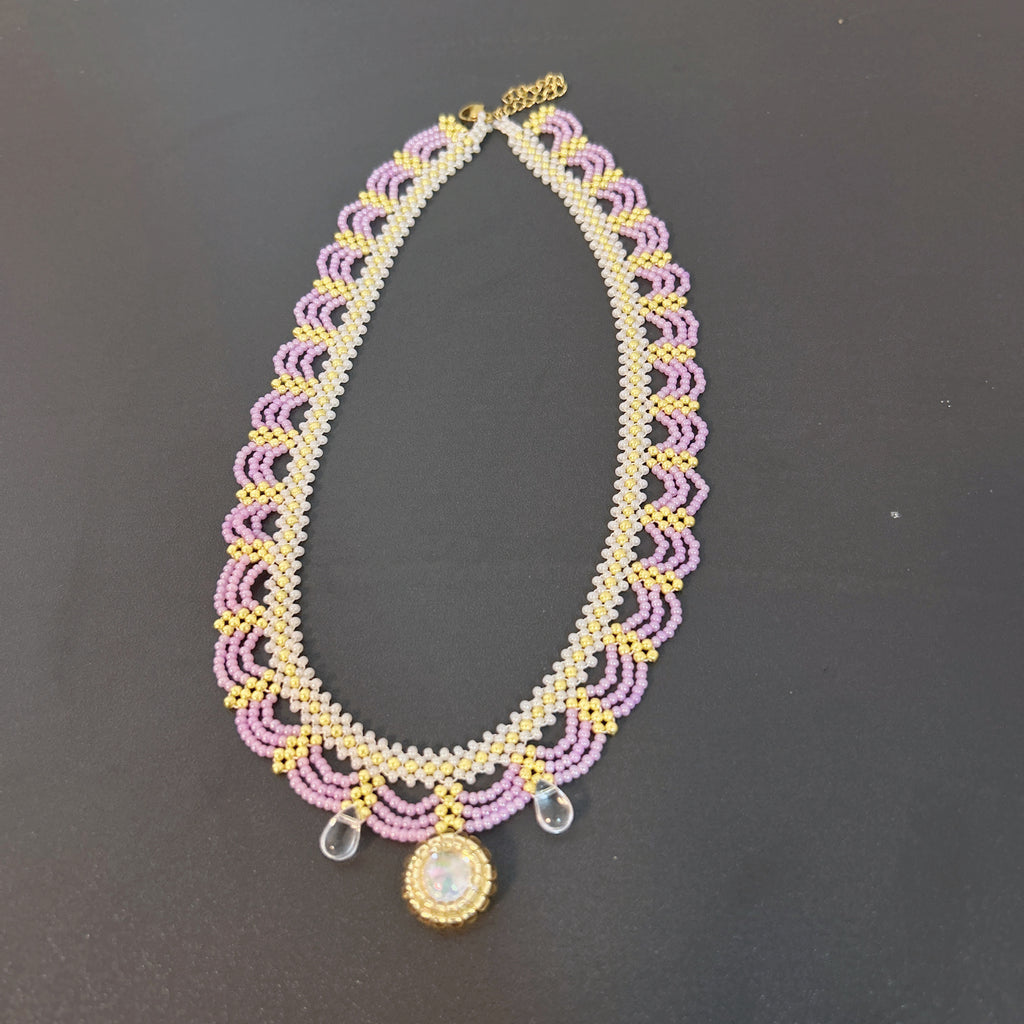 Handmade Lace Beaded Choker Necklace with Pearl Pendant | Lavender & Pink Princess Bridal Fairycore