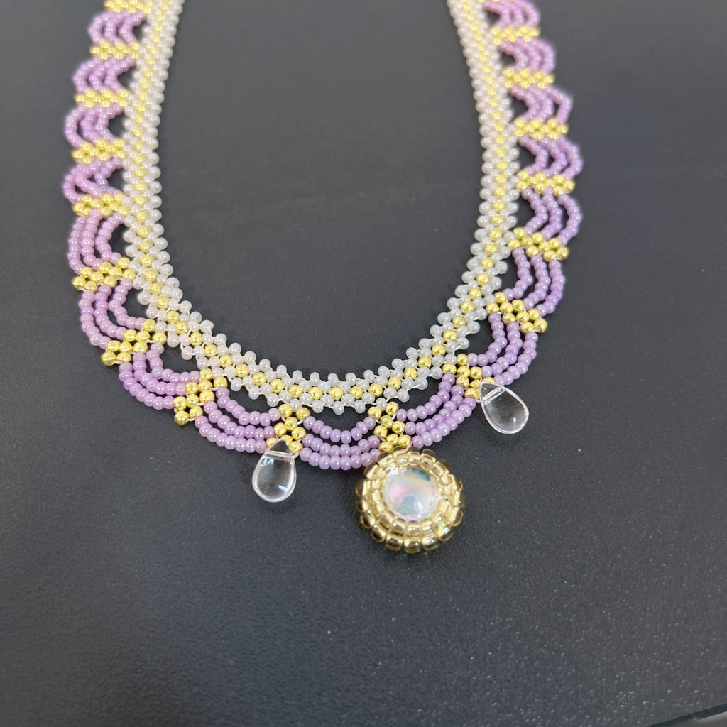 Handmade Lace Beaded Choker Necklace with Pearl Pendant | Lavender & Pink Princess Bridal Fairycore
