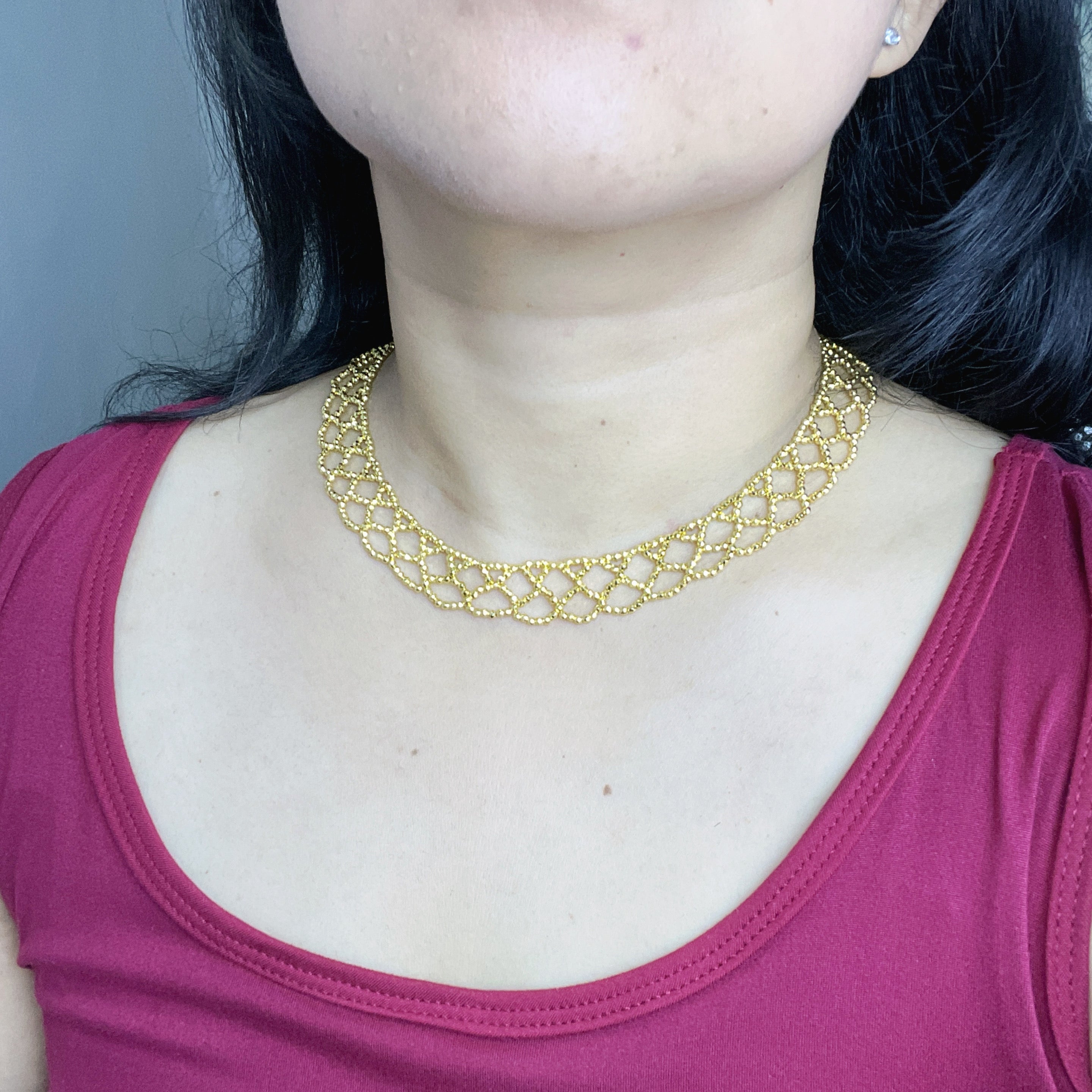 Handmade Gold Seed Bead Lattice Lace Choker Necklace | Wide Diamond Net Collar Elegant Statement