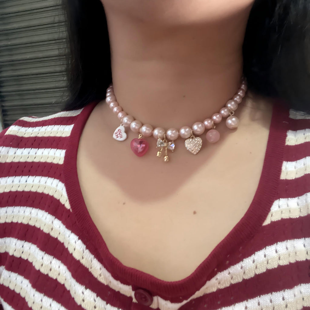 Handmade Pink Pearl Multi-Charm Choker Necklace | Diamond Heart Cherry Crystal Hug Me Y2K Kawaii