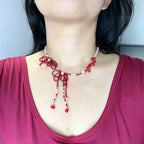 Handmade Red Seed Bead Bow Lariat Necklace | Double Bow Crystal Butterfly Pearl Drop Romantic