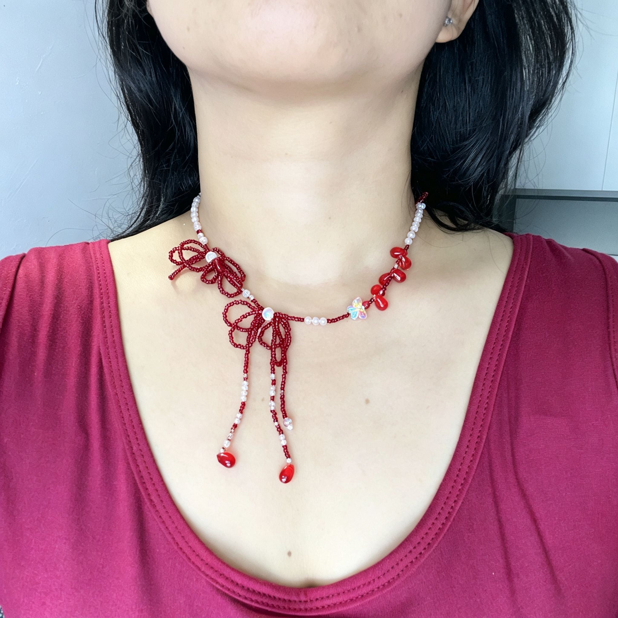 Handmade Red Seed Bead Bow Lariat Necklace | Double Bow Crystal Butterfly Pearl Drop Romantic