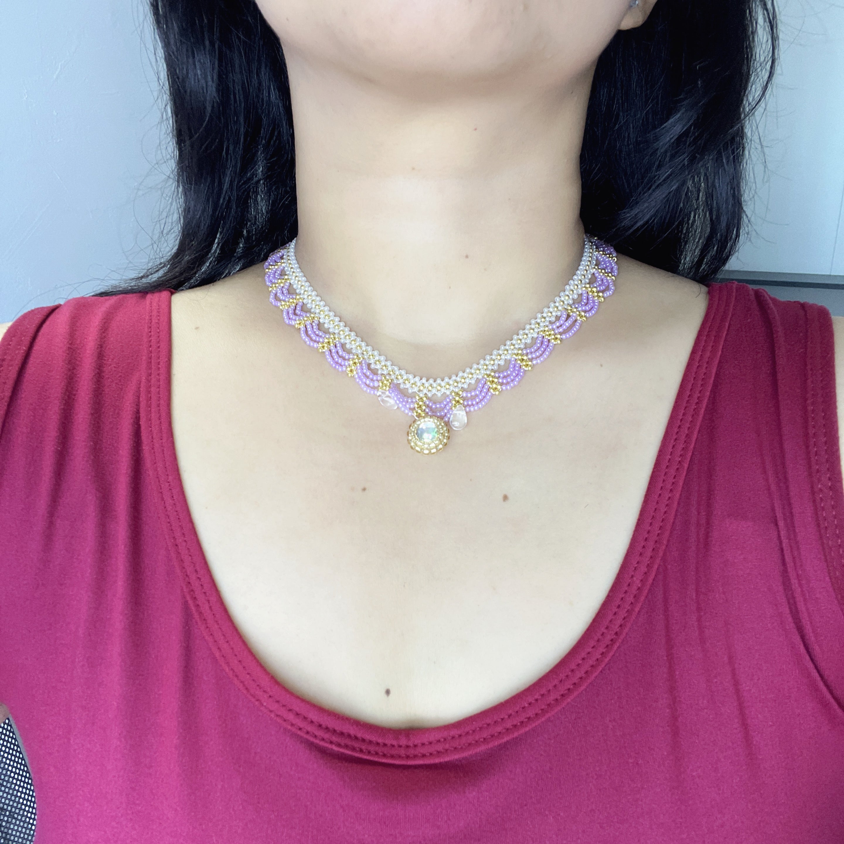 Handmade Lace Beaded Choker Necklace with Pearl Pendant | Lavender & Pink Princess Bridal Fairycore
