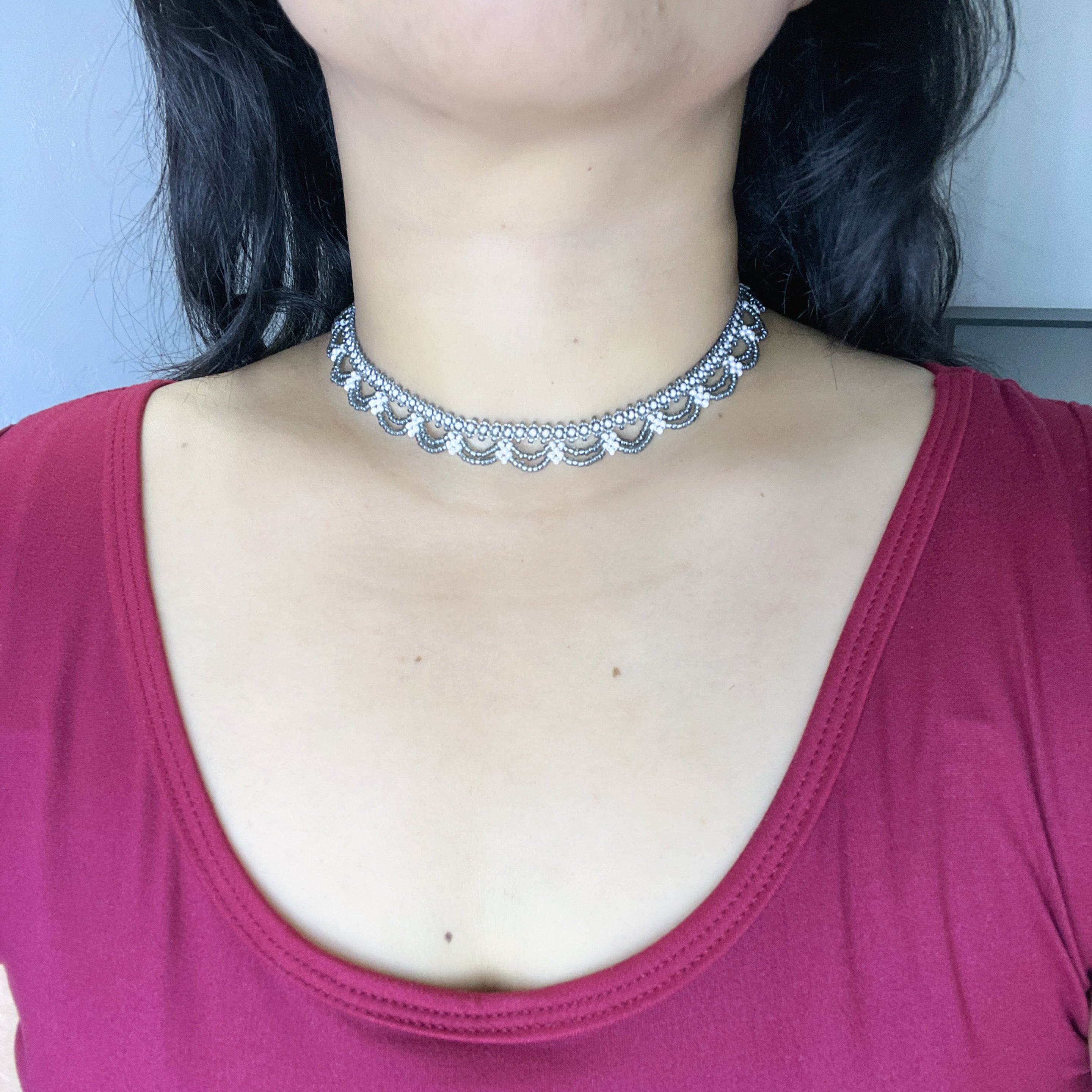 Handmade Silver & White Scallop Lace Beaded Choker Necklace | Wide Double Layer Bridal Collar