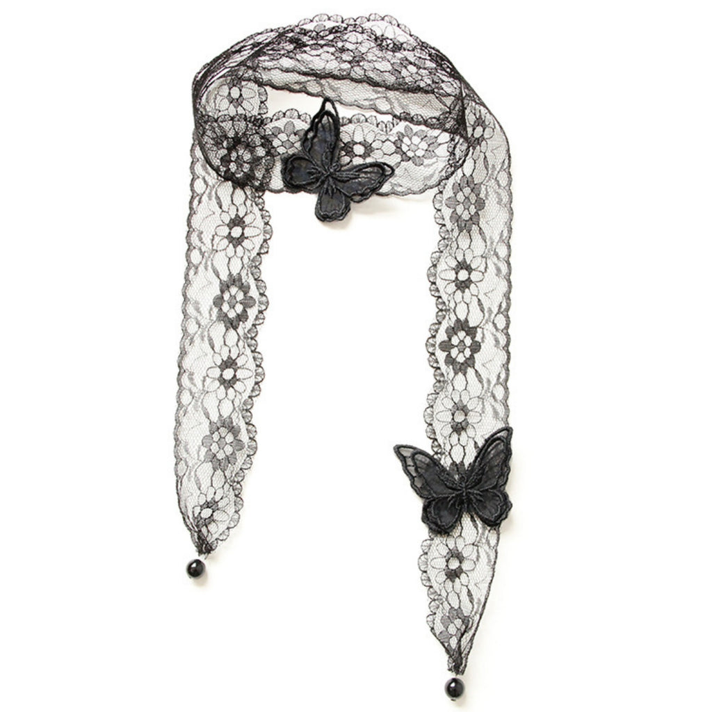 Halloween Black Lace Butterfly Long Ribbon Choker Necklace | 3D Butterfly Floral Lace Scarf Tie Dark Romantic Gothic Victorian Halloween Costume Jewelry Gift