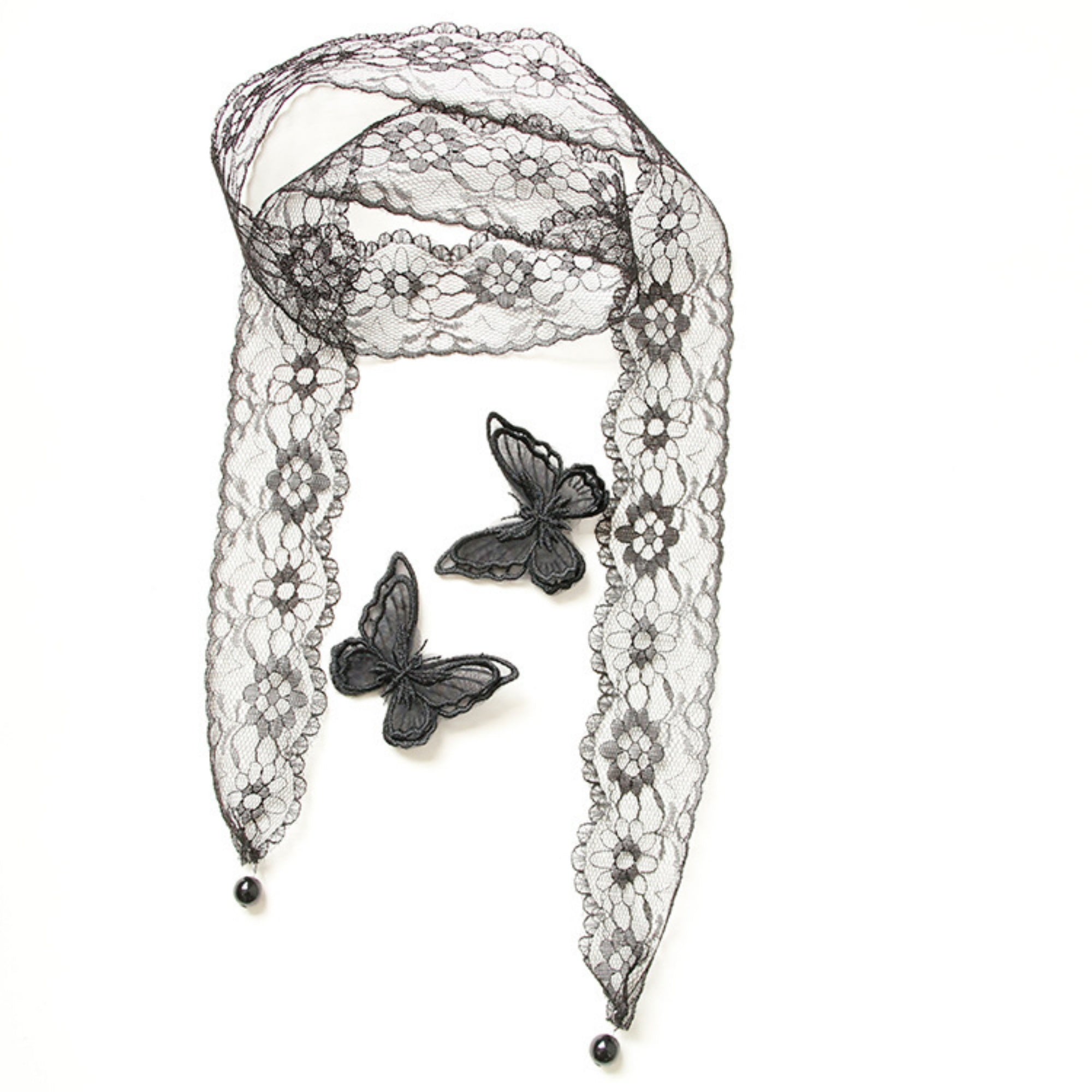 Halloween Black Lace Butterfly Long Ribbon Choker Necklace | 3D Butterfly Floral Lace Scarf Tie Dark Romantic Gothic Victorian Halloween Costume Jewelry Gift