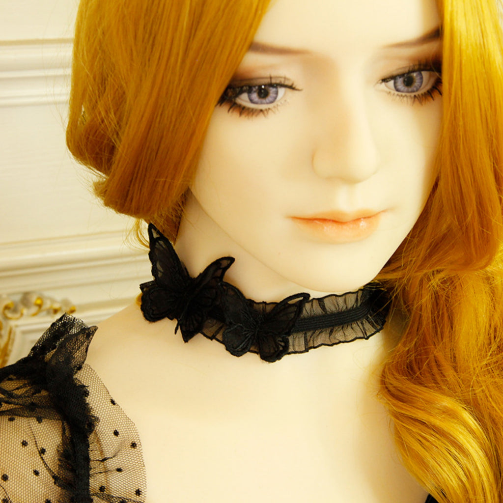Halloween Black Ruffle Organza Butterfly Choker Necklace | Three 3D Embroidered Butterfly Appliqués Dark Romantic Gothic Y2K Halloween Costume Jewelry Gift