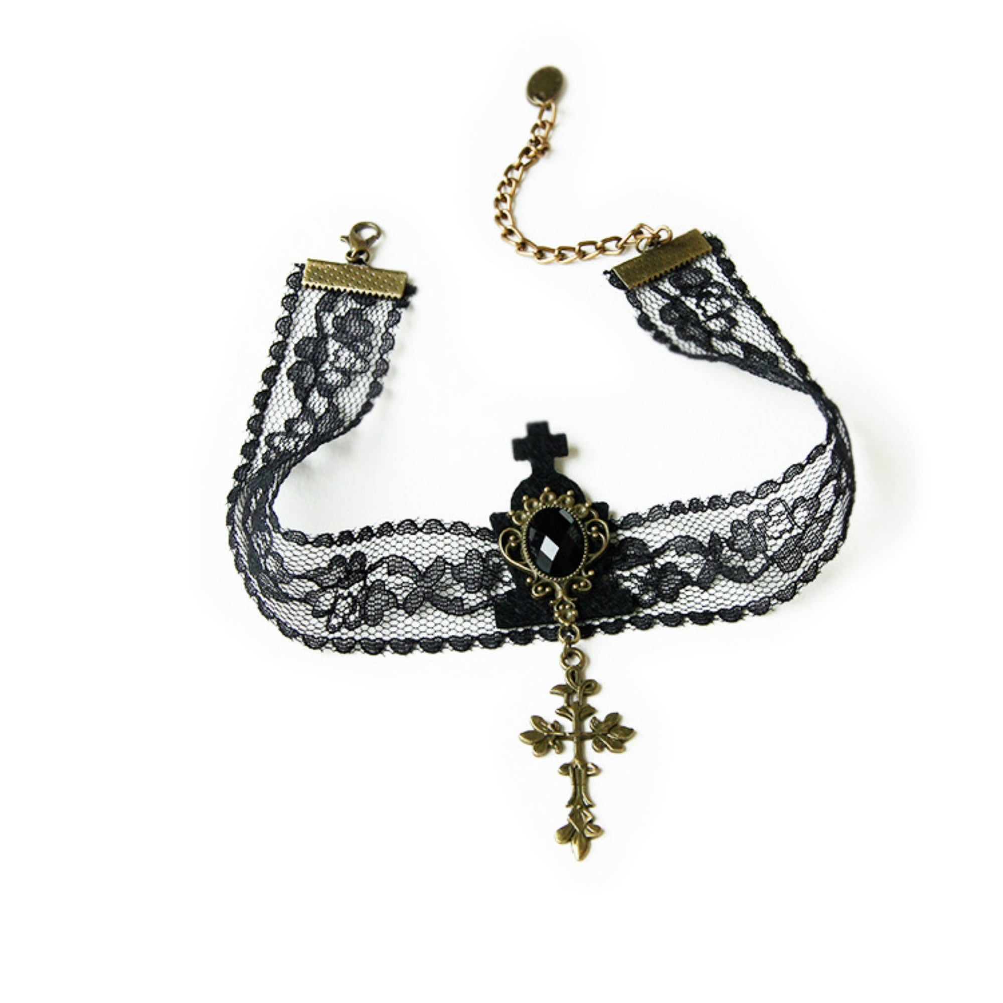 Gothic Lolita Black Sheer Lace Choker Necklace | Black Cross Top Gem Bronze Ornate Cross Pendant Dark Aesthetic Halloween Jewelry