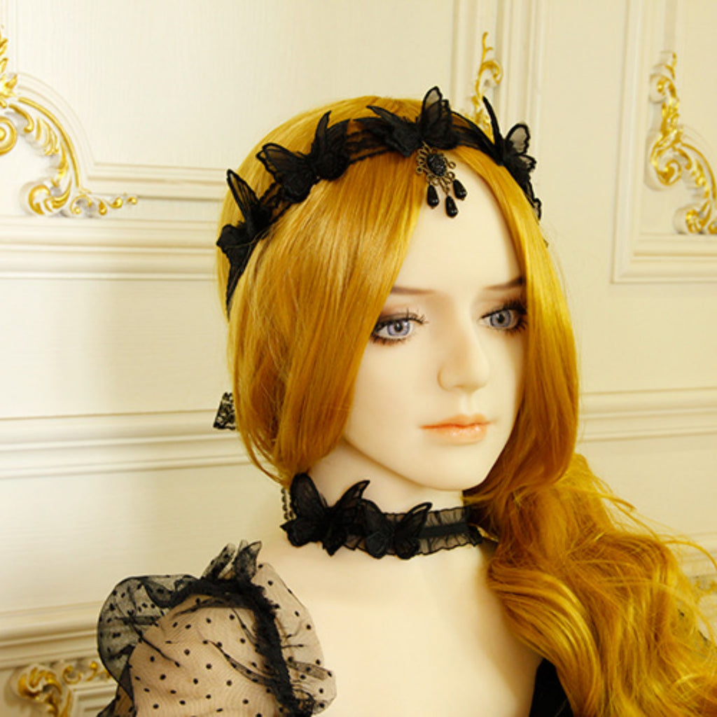 Halloween Black Ruffle Organza Butterfly Choker Necklace | Three 3D Embroidered Butterfly Appliqués Dark Romantic Gothic Y2K Halloween Costume Jewelry Gift