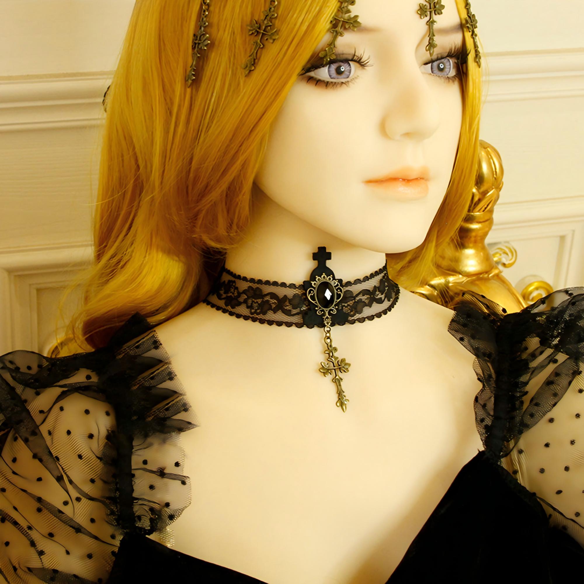 Gothic Lolita Black Sheer Lace Choker Necklace | Black Cross Top Gem Bronze Ornate Cross Pendant Dark Aesthetic Halloween Jewelry