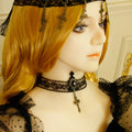 Gothic Lolita Black Sheer Lace Choker Necklace | Black Cross Top Gem Bronze Ornate Cross Pendant Dark Aesthetic Halloween Jewelry