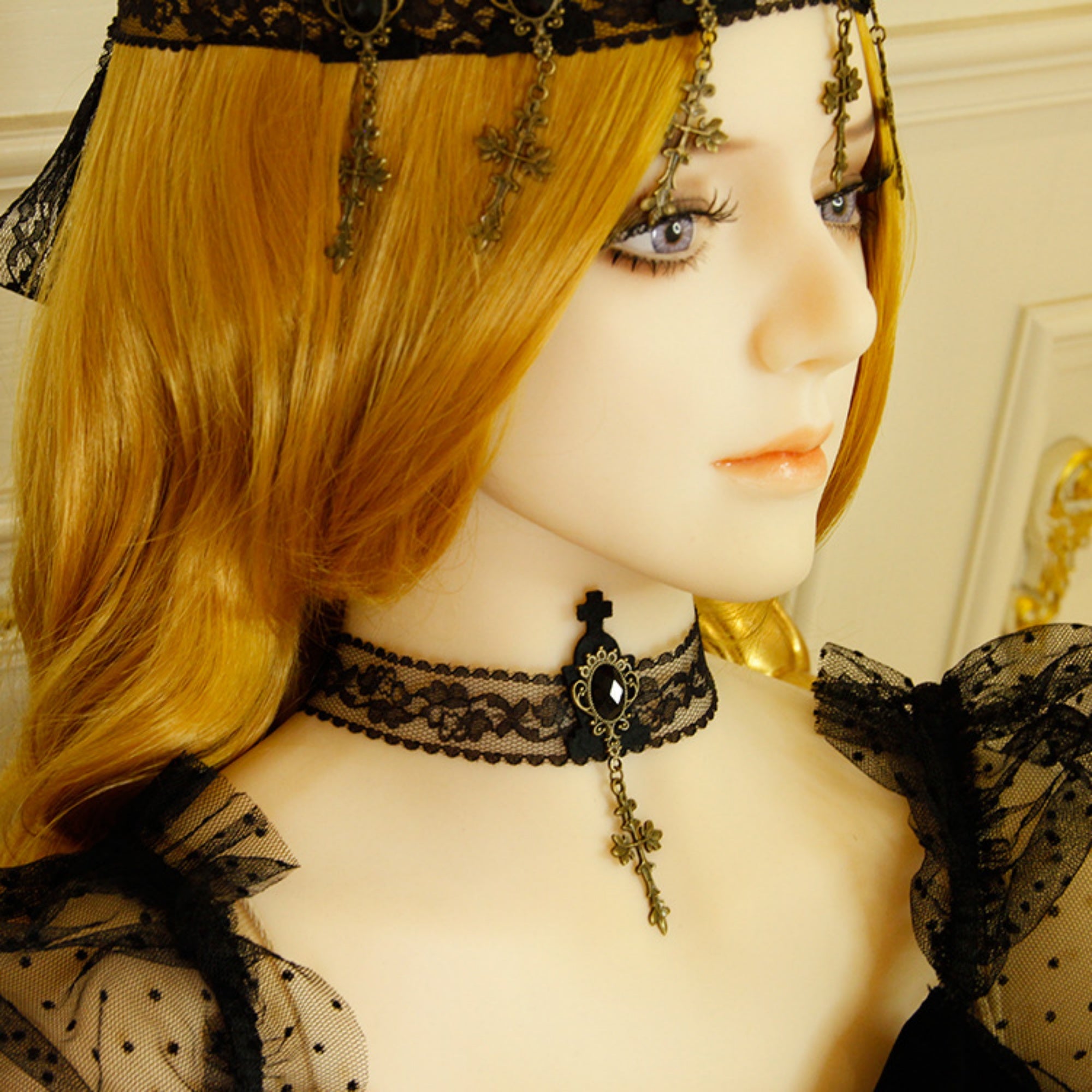 Gothic Lolita Black Sheer Lace Choker Necklace | Black Cross Top Gem Bronze Ornate Cross Pendant Dark Aesthetic Halloween Jewelry