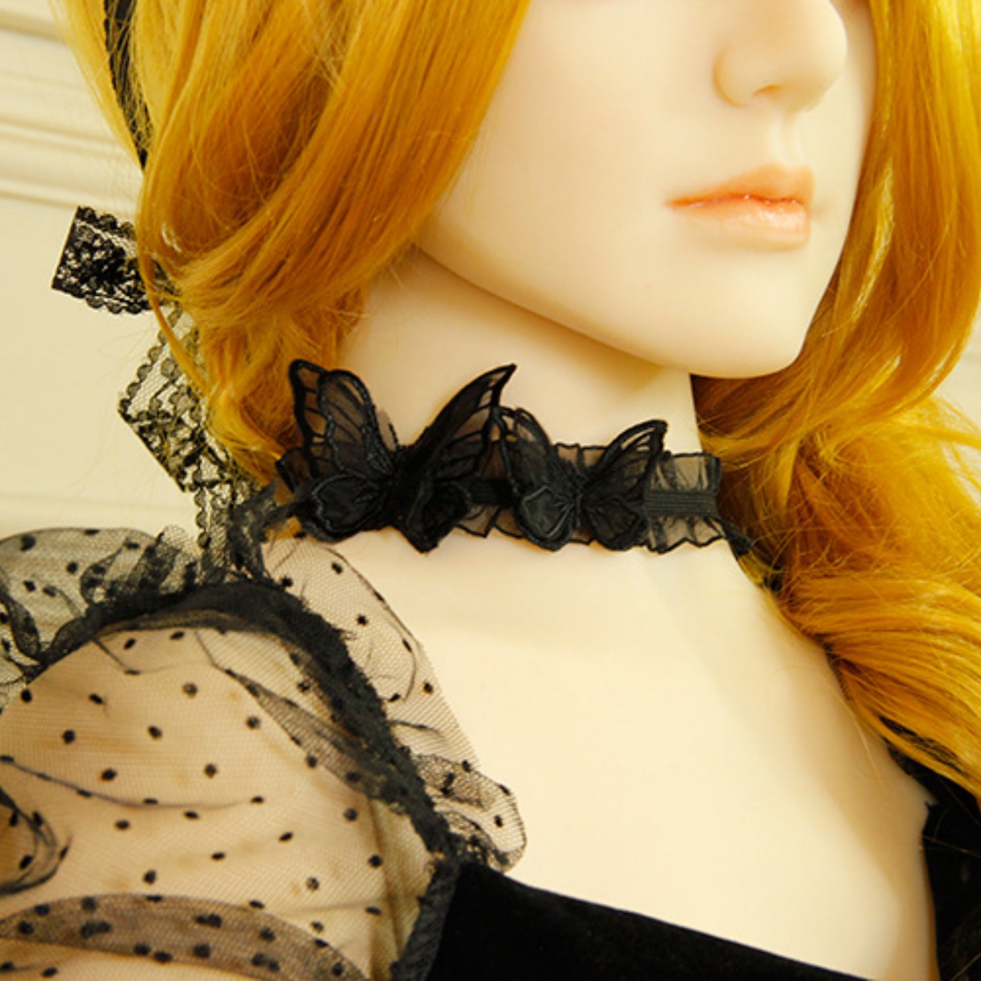 Halloween Black Ruffle Organza Butterfly Choker Necklace | Three 3D Embroidered Butterfly Appliqués Dark Romantic Gothic Y2K Halloween Costume Jewelry Gift