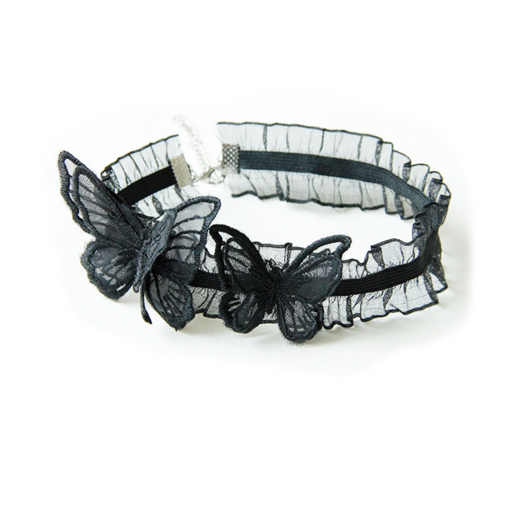 Halloween Black Ruffle Organza Butterfly Choker Necklace | Three 3D Embroidered Butterfly Appliqués Dark Romantic Gothic Y2K Halloween Costume Jewelry Gift