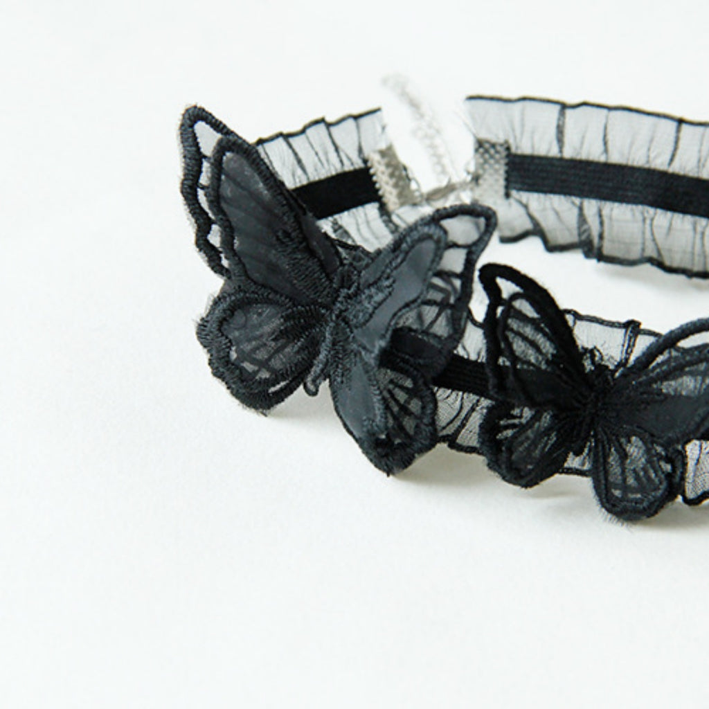 Halloween Black Ruffle Organza Butterfly Choker Necklace | Three 3D Embroidered Butterfly Appliqués Dark Romantic Gothic Y2K Halloween Costume Jewelry Gift