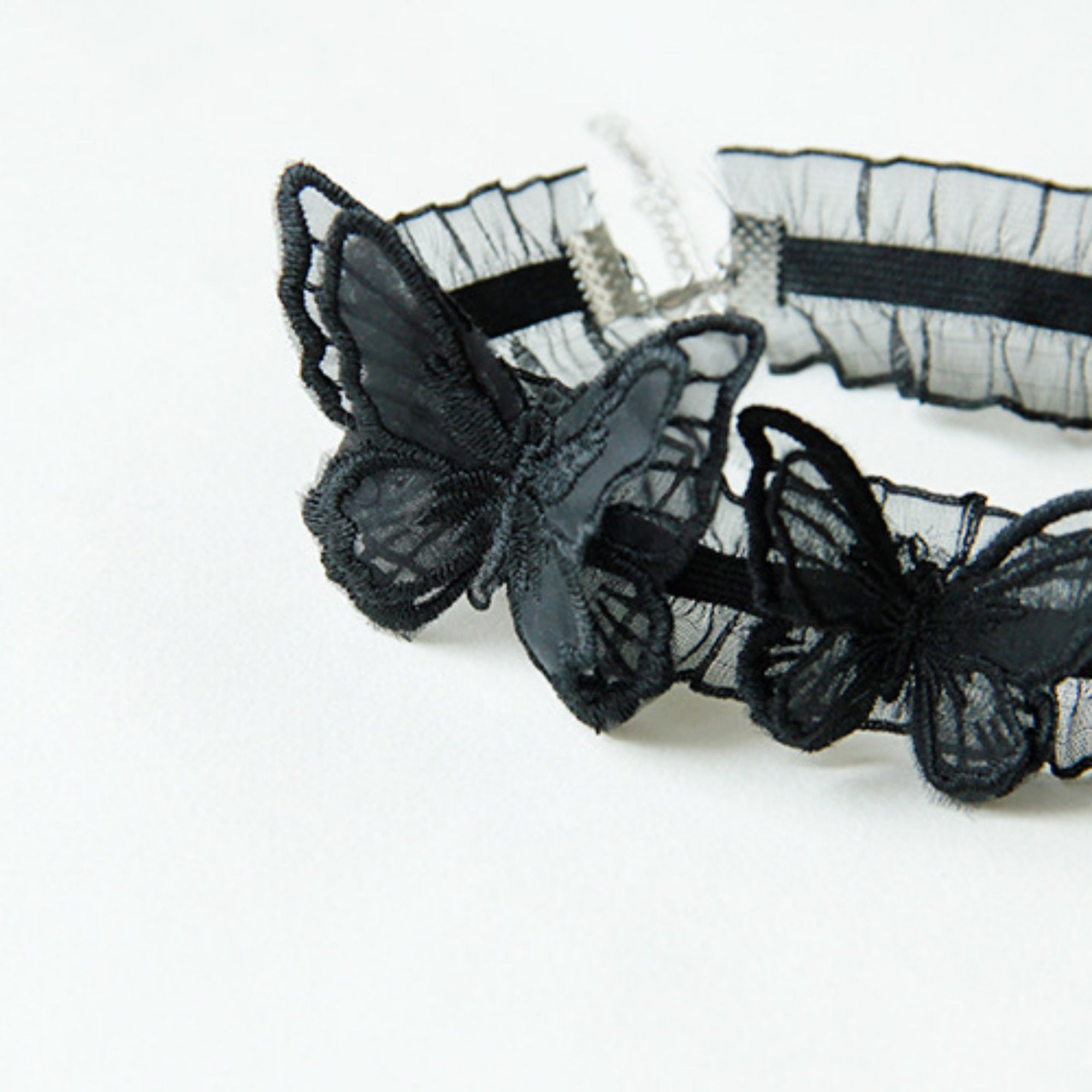 Halloween Black Ruffle Organza Butterfly Choker Necklace | Three 3D Embroidered Butterfly Appliqués Dark Romantic Gothic Y2K Halloween Costume Jewelry Gift