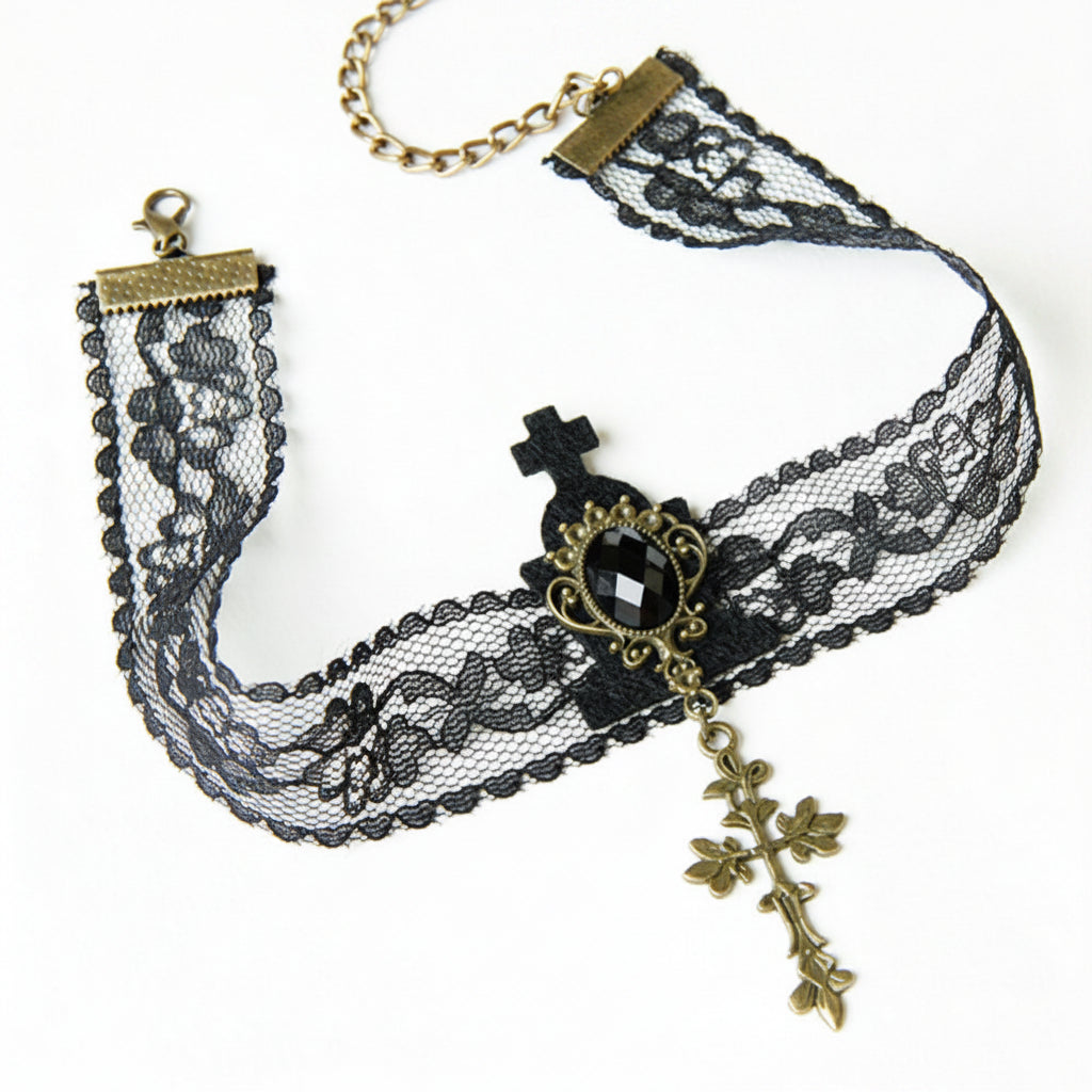 Gothic Lolita Black Sheer Lace Choker Necklace | Black Cross Top Gem Bronze Ornate Cross Pendant Dark Aesthetic Halloween Jewelry