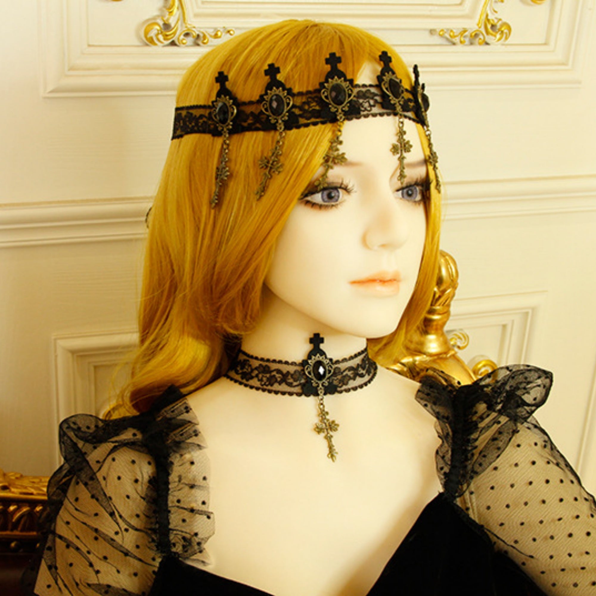 Gothic Lolita Black Sheer Lace Choker Necklace | Black Cross Top Gem Bronze Ornate Cross Pendant Dark Aesthetic Halloween Jewelry