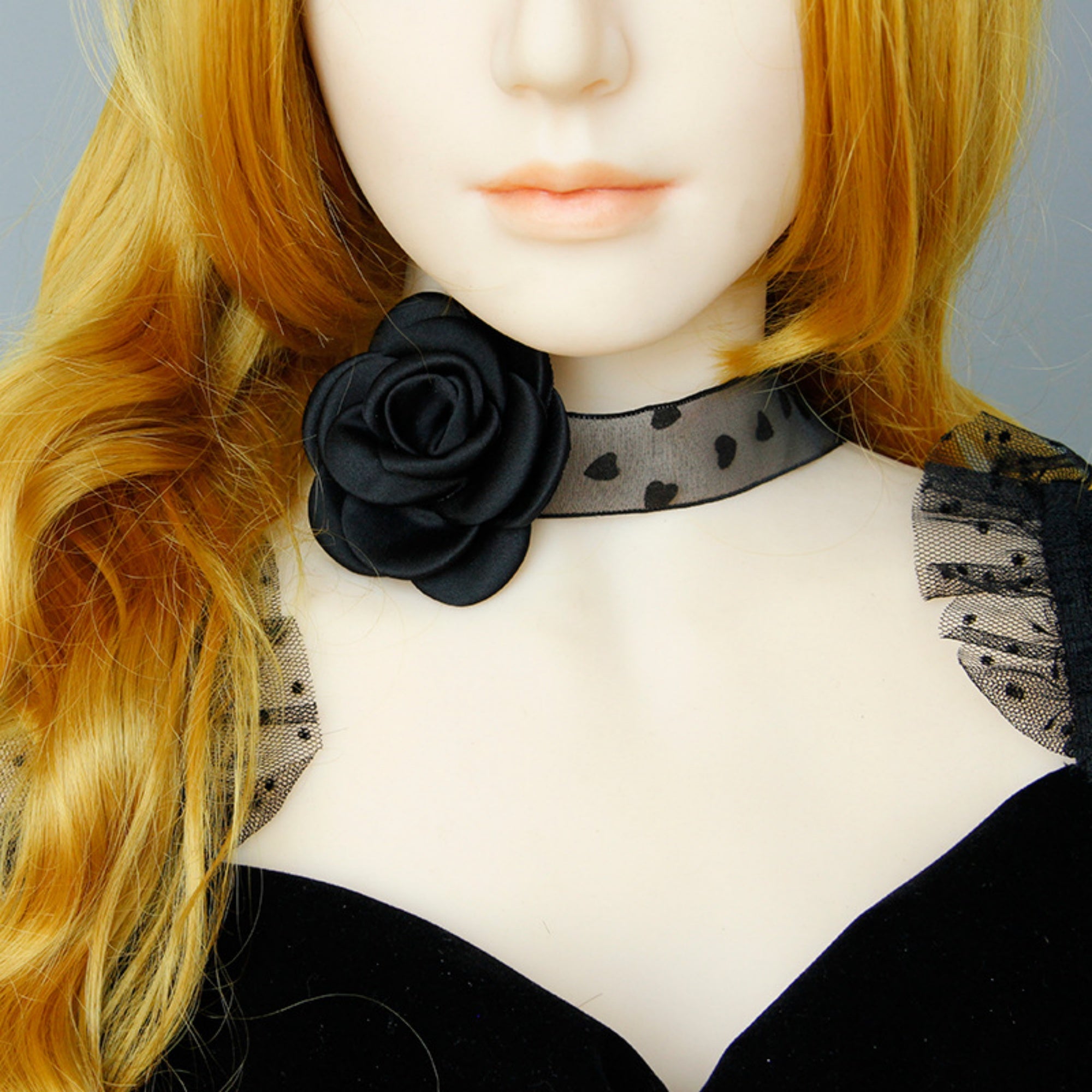 Halloween Black Rose Organza Choker Necklace | Heart Polka Dot Sheer Ribbon 3D Satin Rose Dark Romantic Sweet Gothic Y2K Halloween Costume Jewelry Gift