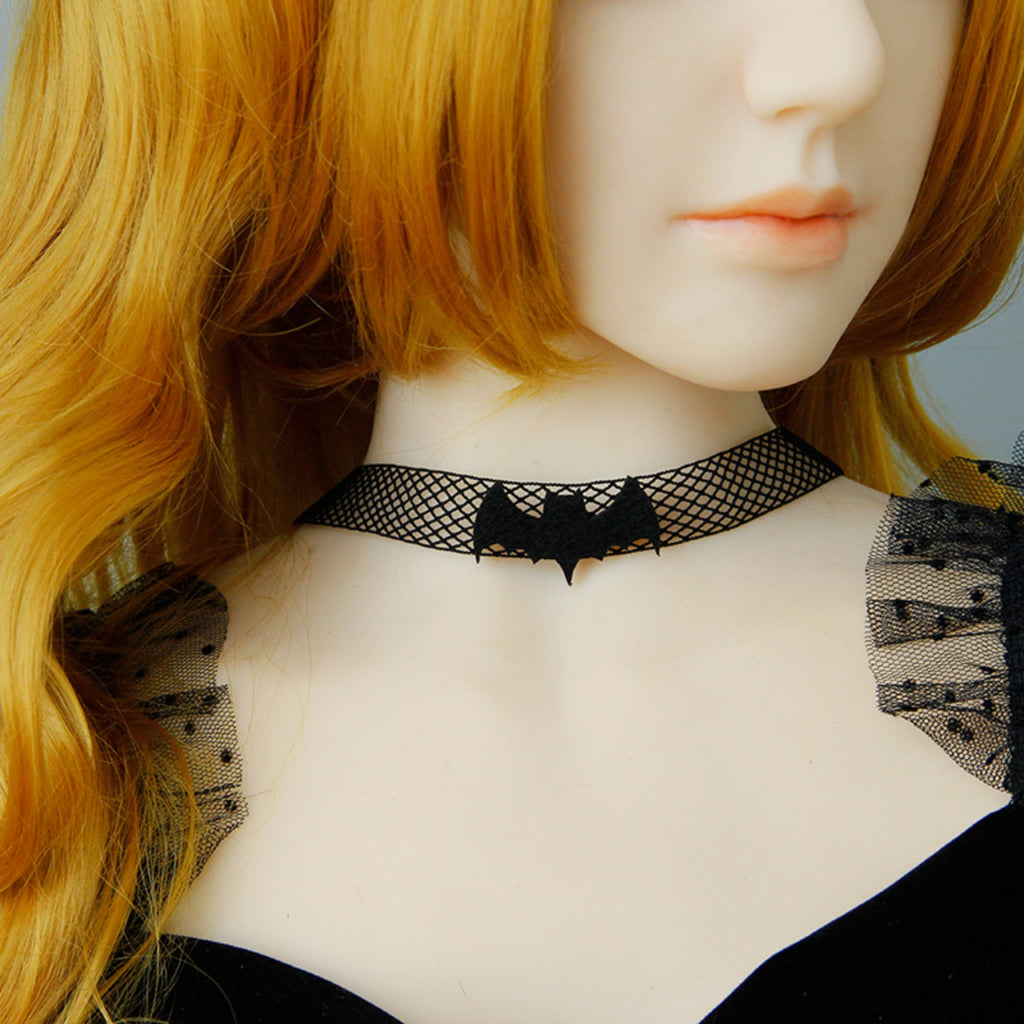 Halloween Black Fishnet Mesh Bat Choker Necklace | Matte Black Bat Center Gothic Vampire Dark Aesthetic Halloween Costume Jewelry Gift