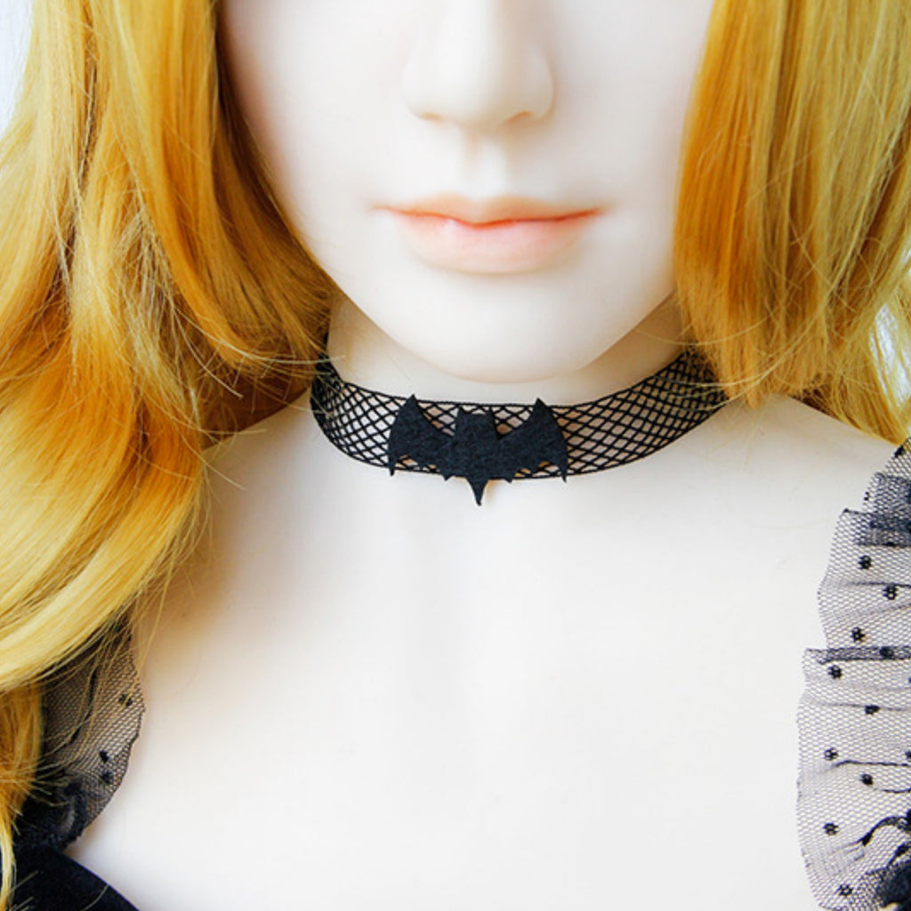 Halloween Black Fishnet Mesh Bat Choker Necklace | Matte Black Bat Center Gothic Vampire Dark Aesthetic Halloween Costume Jewelry Gift