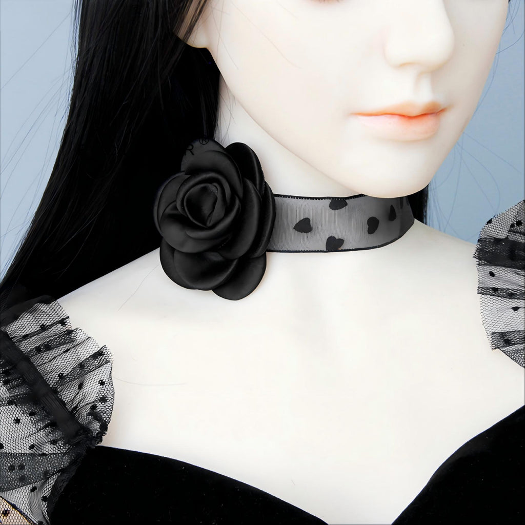 Halloween Black Rose Organza Choker Necklace | Heart Polka Dot Sheer Ribbon 3D Satin Rose Dark Romantic Sweet Gothic Y2K Halloween Costume Jewelry Gift