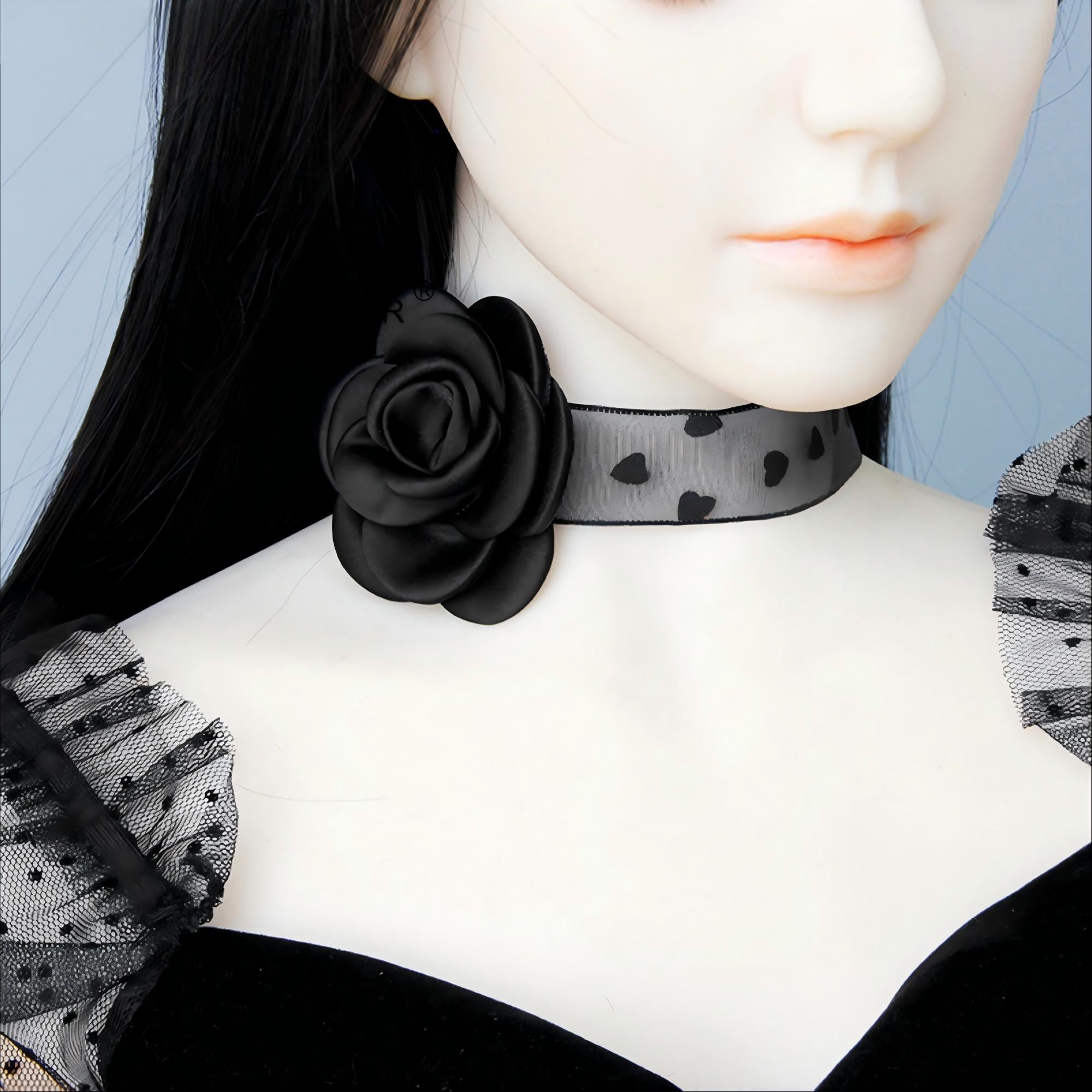 Halloween Black Rose Organza Choker Necklace | Heart Polka Dot Sheer Ribbon 3D Satin Rose Dark Romantic Sweet Gothic Y2K Halloween Costume Jewelry Gift