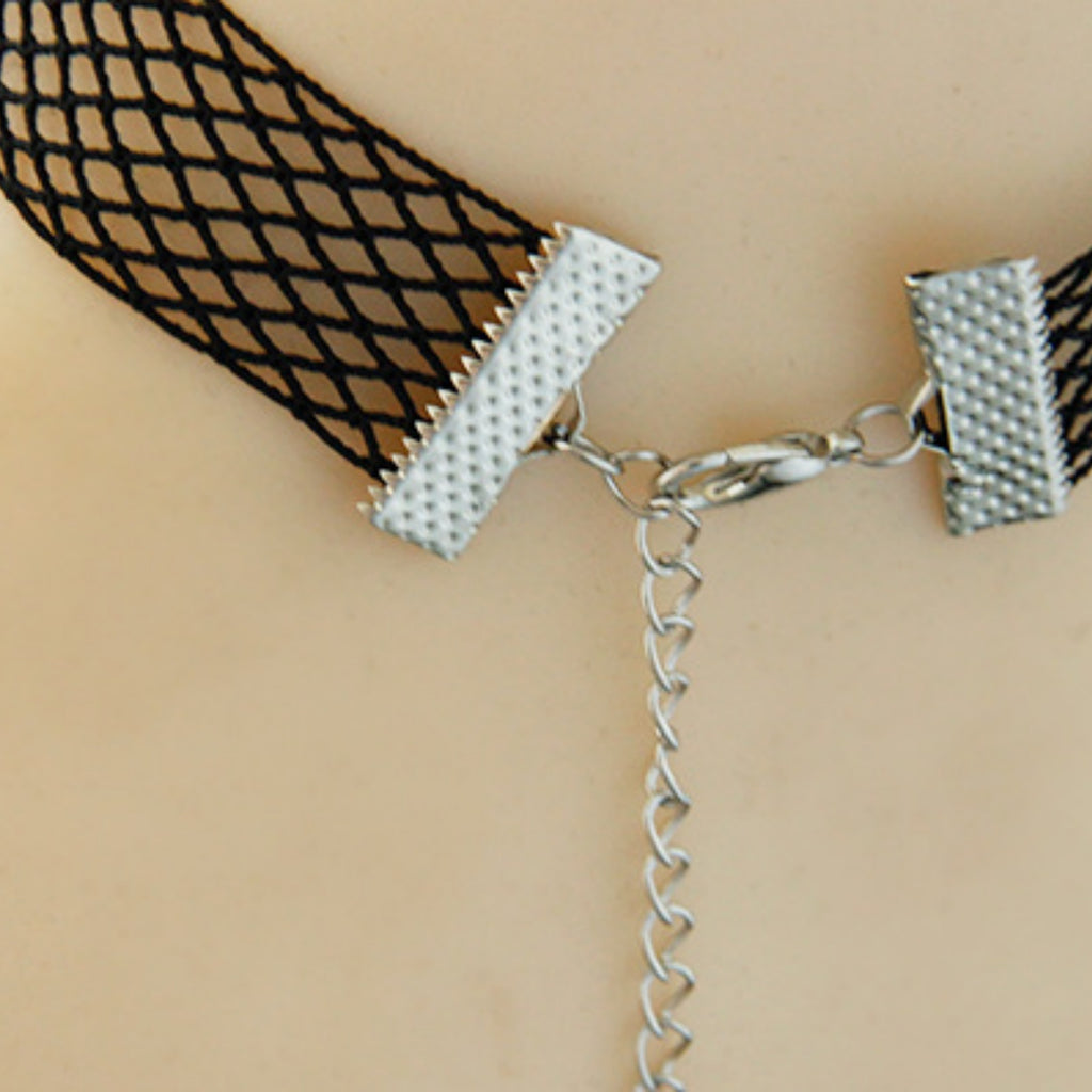 Halloween Black Fishnet Mesh Bat Choker Necklace | Matte Black Bat Center Gothic Vampire Dark Aesthetic Halloween Costume Jewelry Gift
