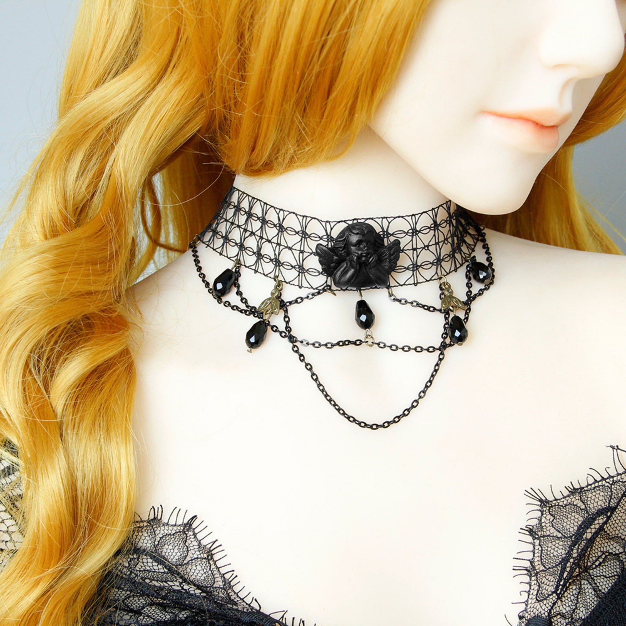 Halloween Black Mesh Choker Necklace | Dark Angel Cameo Multi-Layer Chain Crystal Teardrop Drop Gothic Victorian Vampire Halloween Costume Jewelry Gift